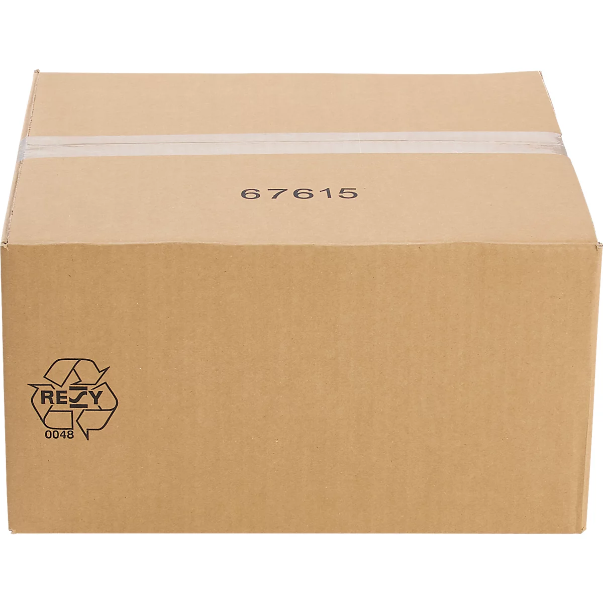 Brown cardboard box with the number 67615 and a recycling symbol.
