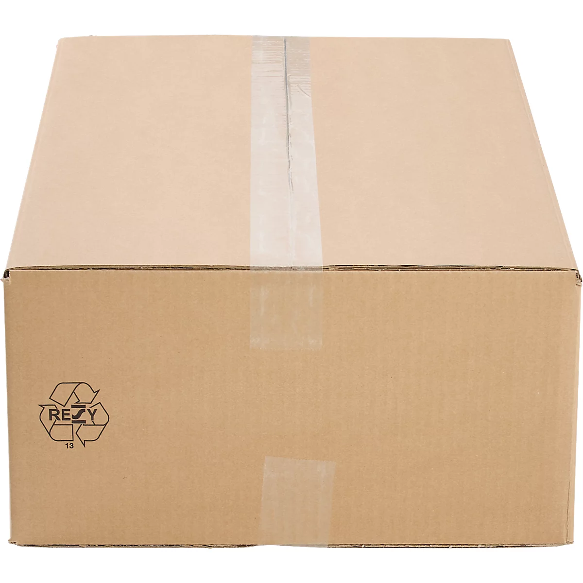 An open, brown cardboard box with a recycling symbol. The lid is sealed with clear tape.