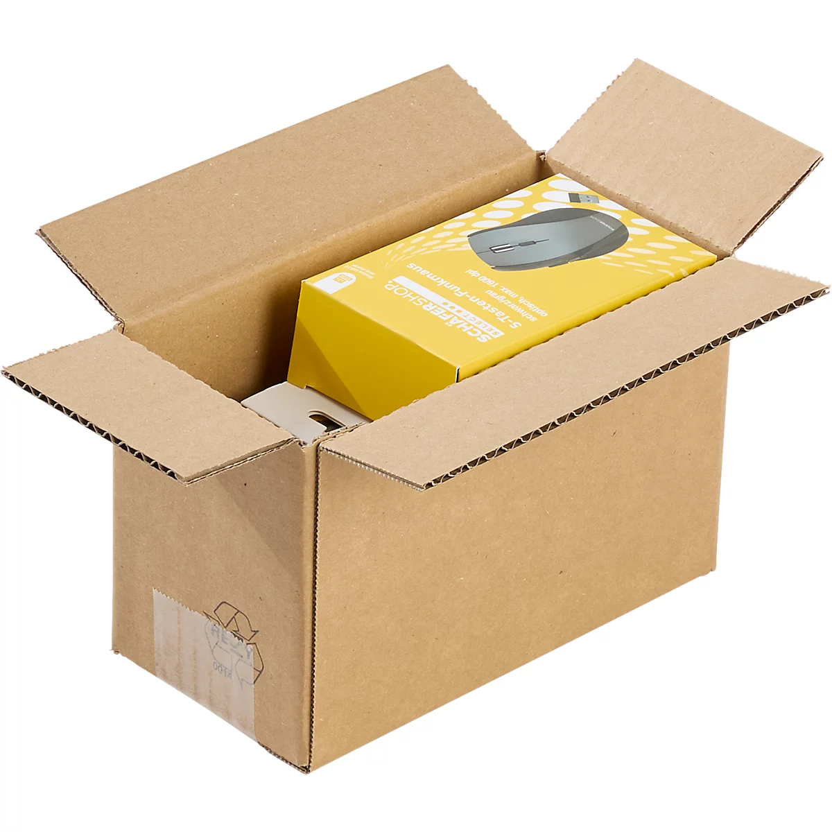 A brown cardboard box, opened. Inside is a yellow product packaging with a computer mouse pictured on it.