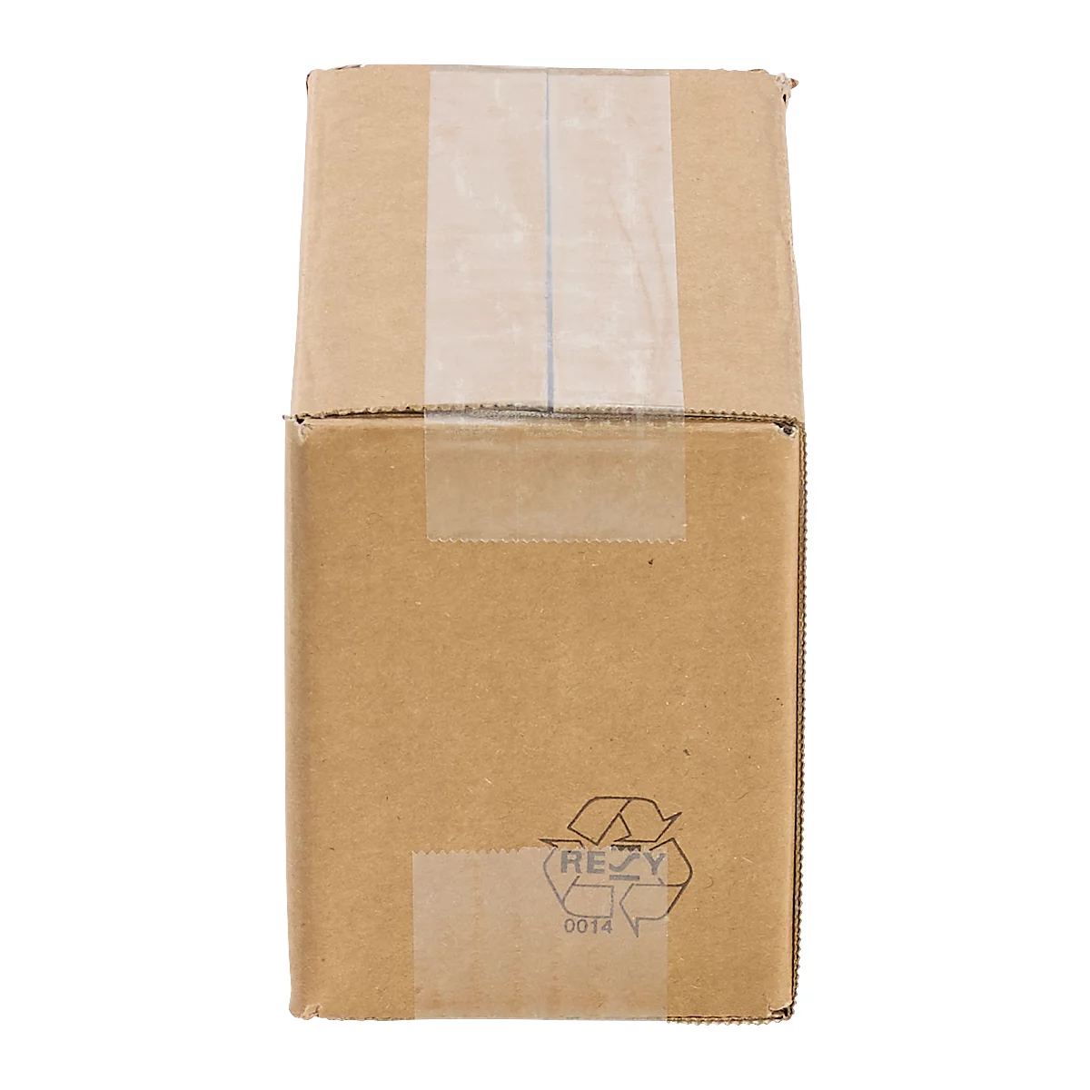Brown cardboard box, sealed with tape, recycling symbol, top view.