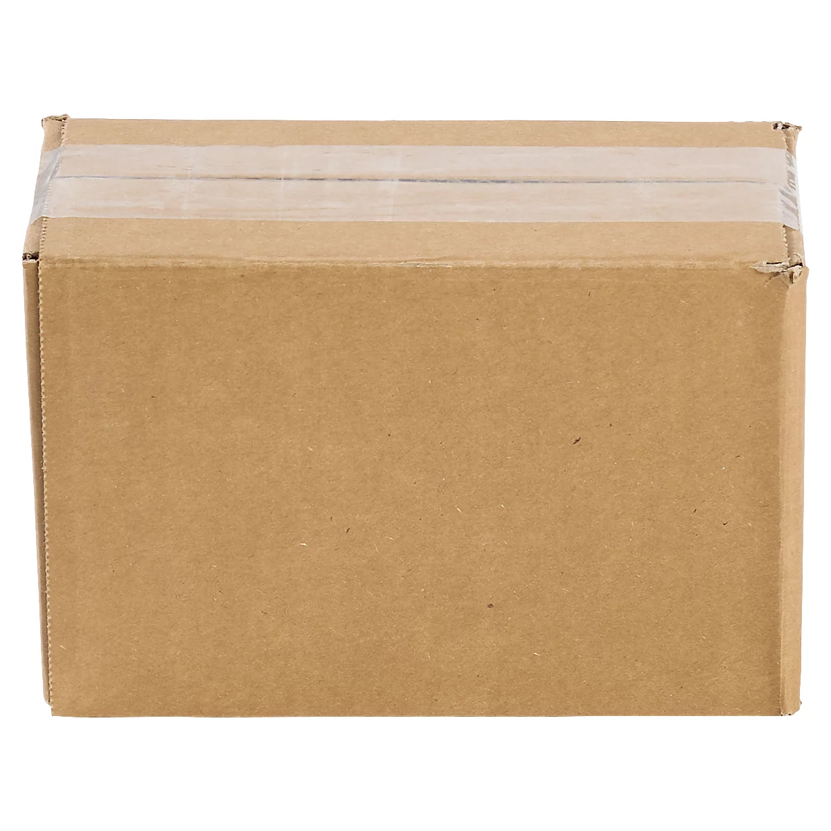 A rectangular brown cardboard box, sealed at the top with transparent tape.