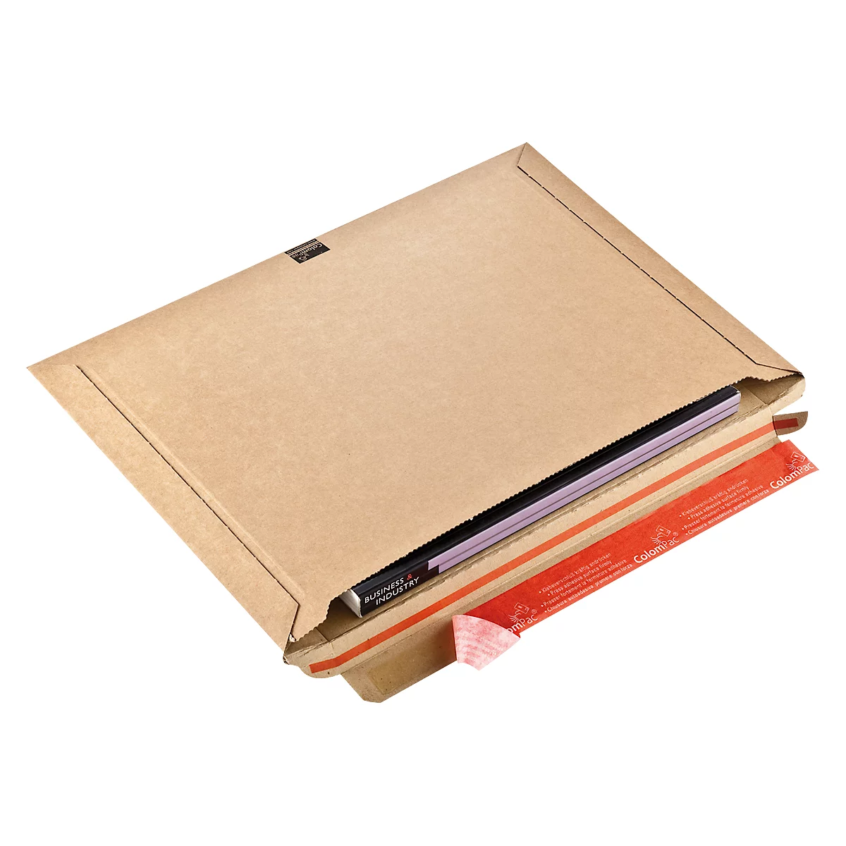 Opened brown shipping envelope with partially visible contents and red adhesive tape.