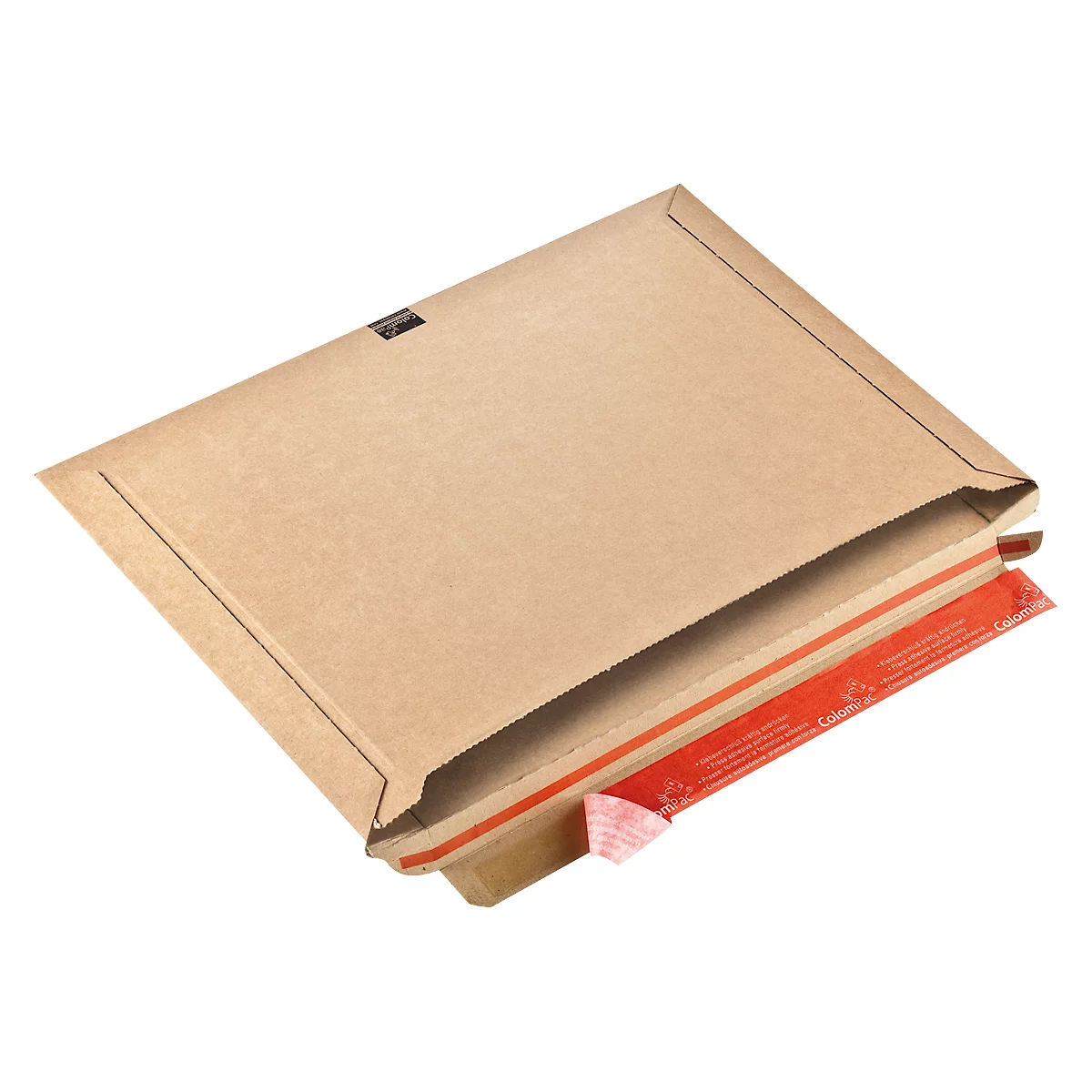 An open brown shipping box with a red adhesive strip.