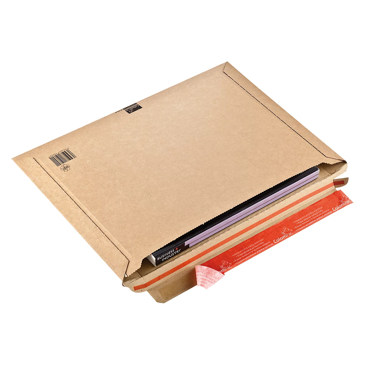 A brown envelope, partially open, with a book and purple pages.