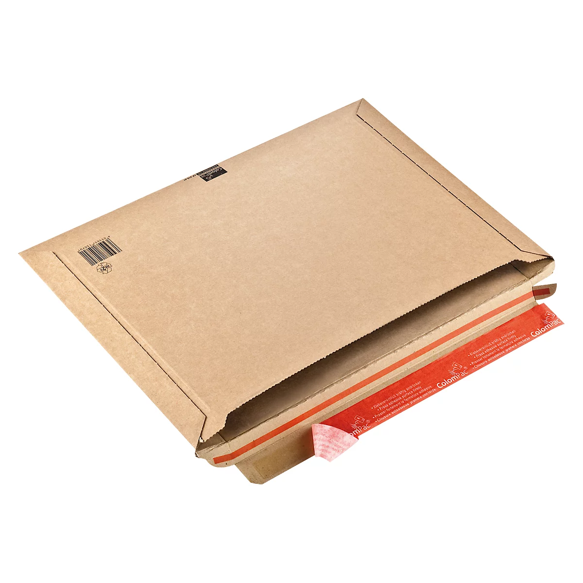 Brown shipping carton, open, with red adhesive tape for sealing.