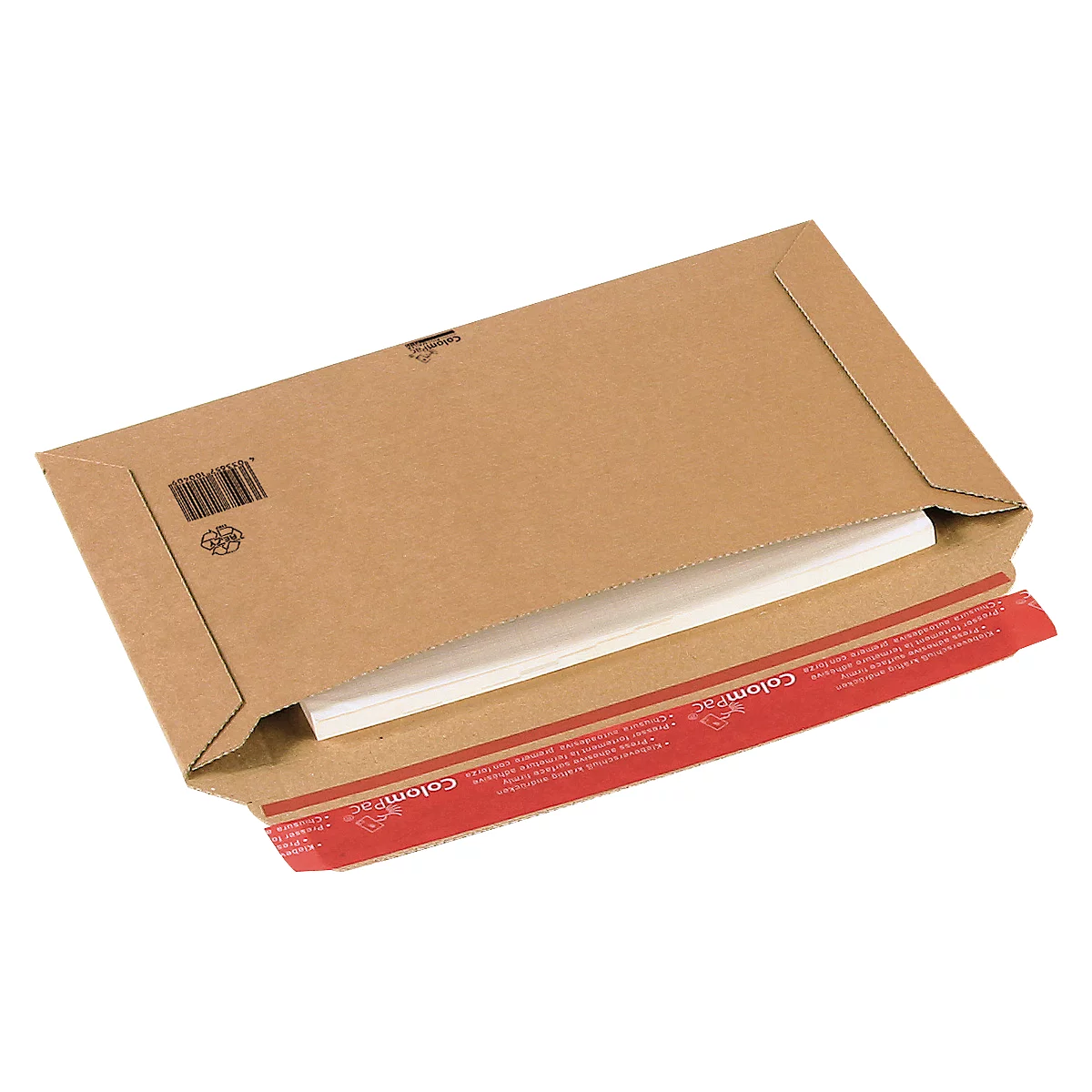 A brown shipping envelope with white sheets of paper inside. The red closure is partially open.
