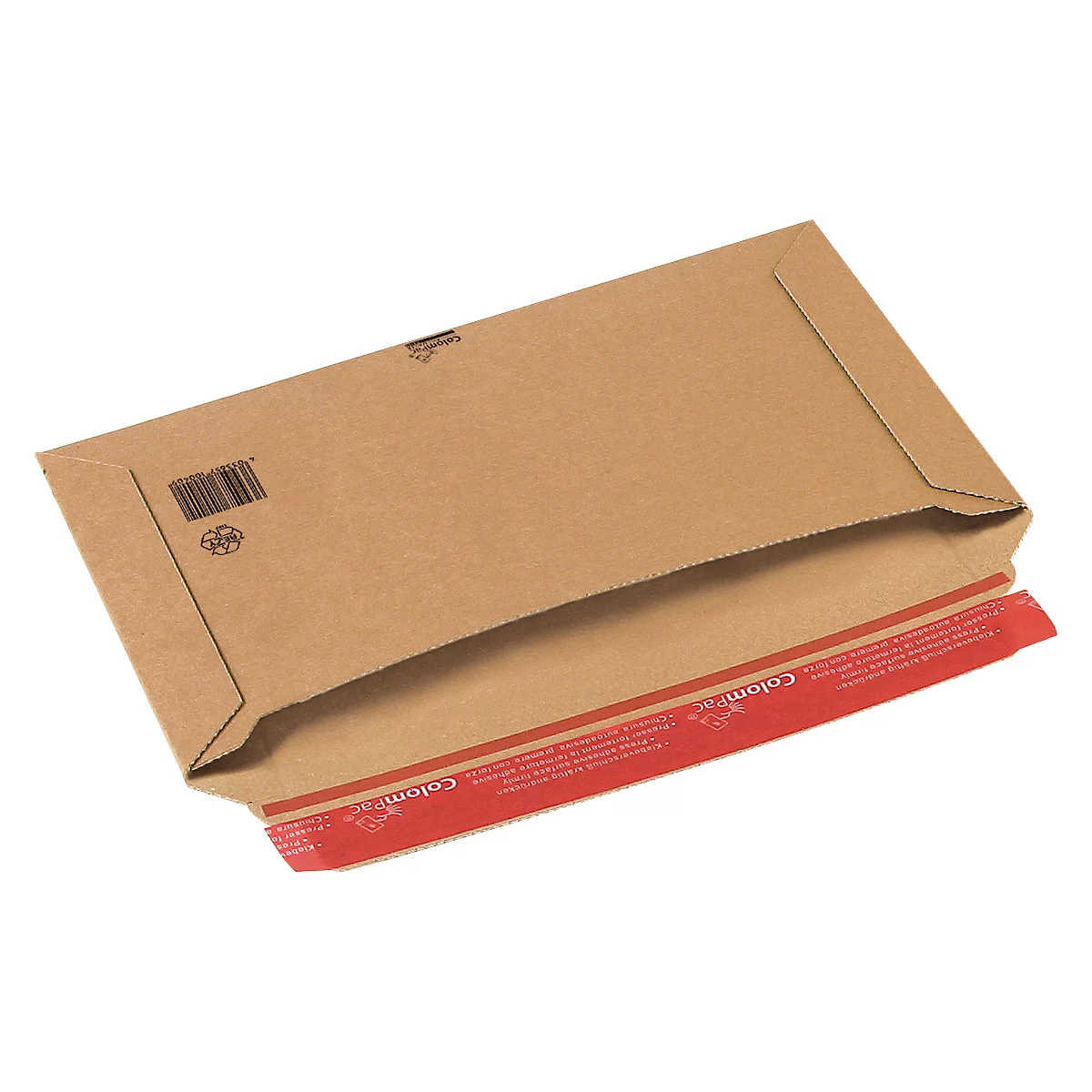 An open brown shipping envelope with a red adhesive strip, with writing on it. A barcode and a symbol are visible.