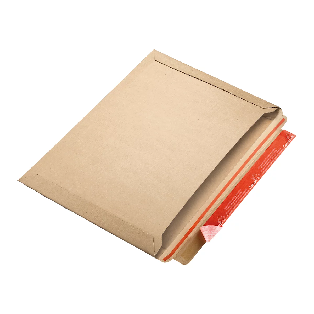 An open shipping box, brown. The edge is provided with a red adhesive strip.