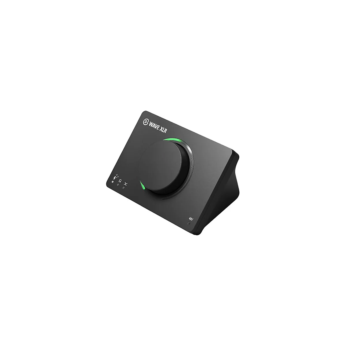Schwarzes Elgato Wave XLR Mikrofon-Interface mit großem Drehregler und grüner LED-Beleuchtung auf weißem Hintergrund.