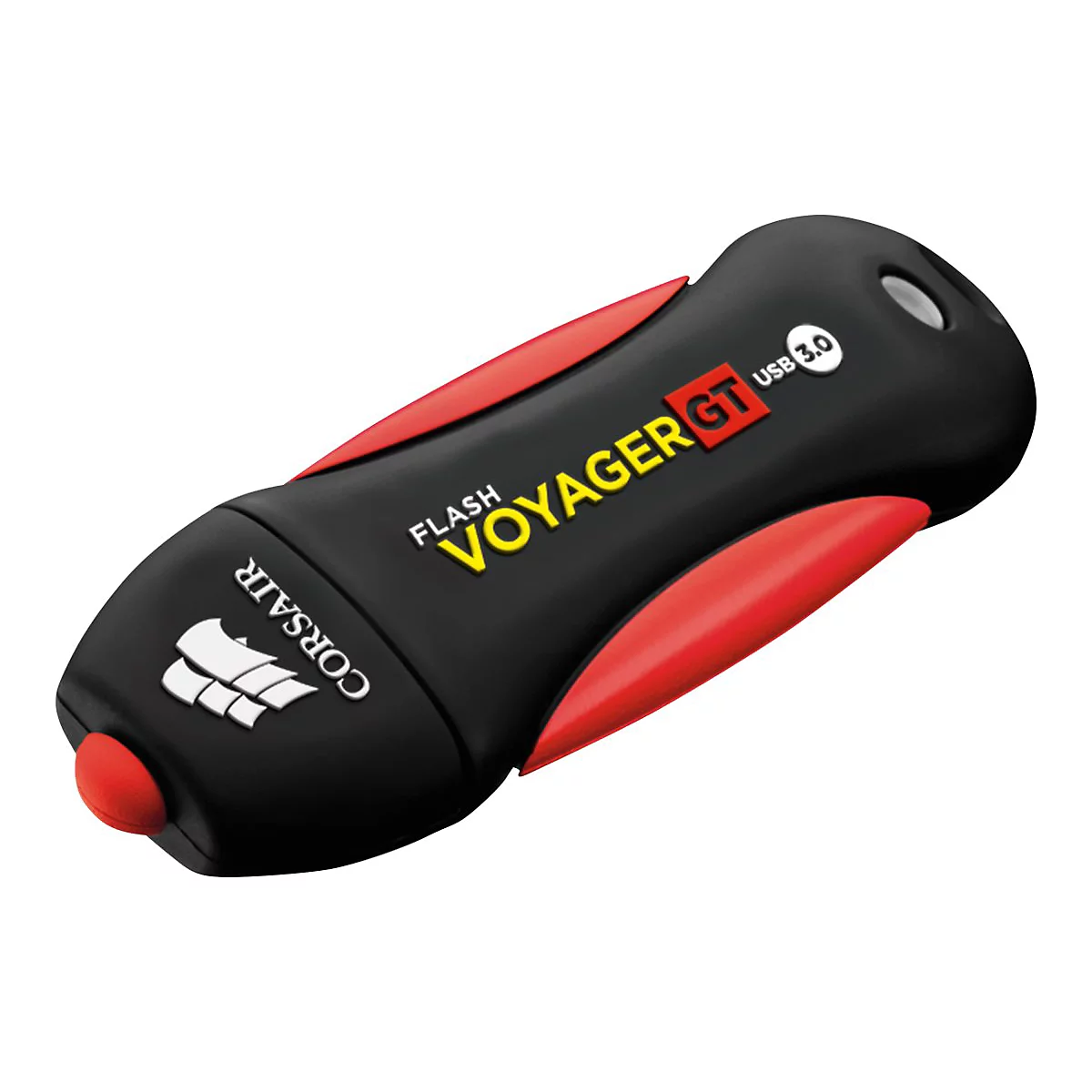 Schwarzer USB-Stick mit rotem und gelbem Schriftzug, Corsair Voyager GT.