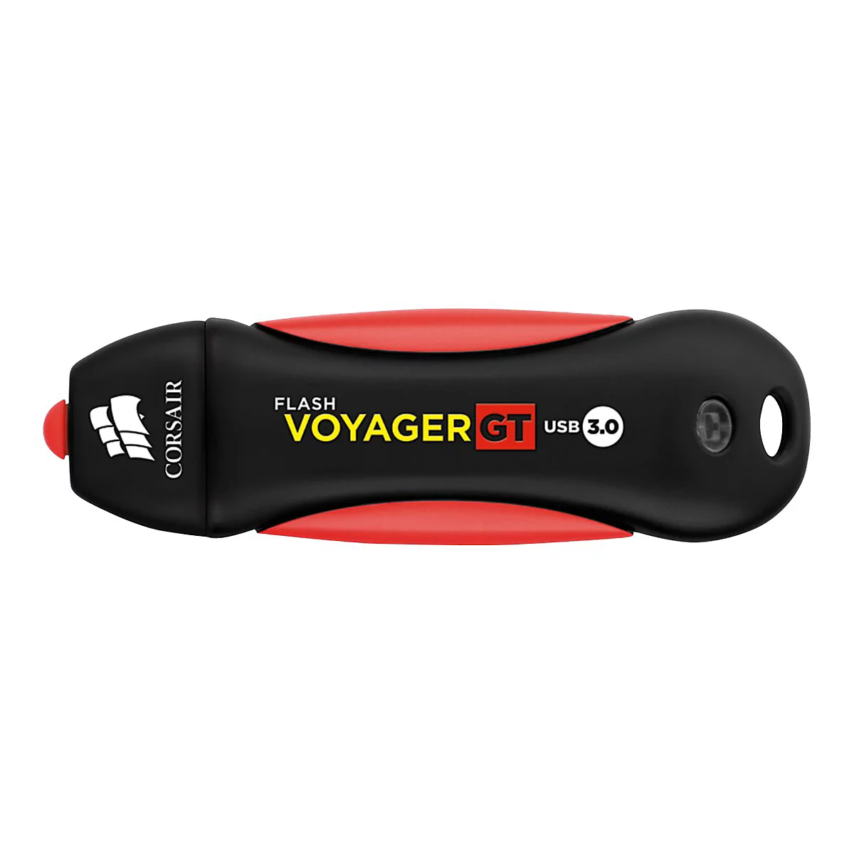 Schwarzer USB-Stick mit roten Akzenten, der "Corsair Voyager GT USB 3.0" Schriftzug trägt.