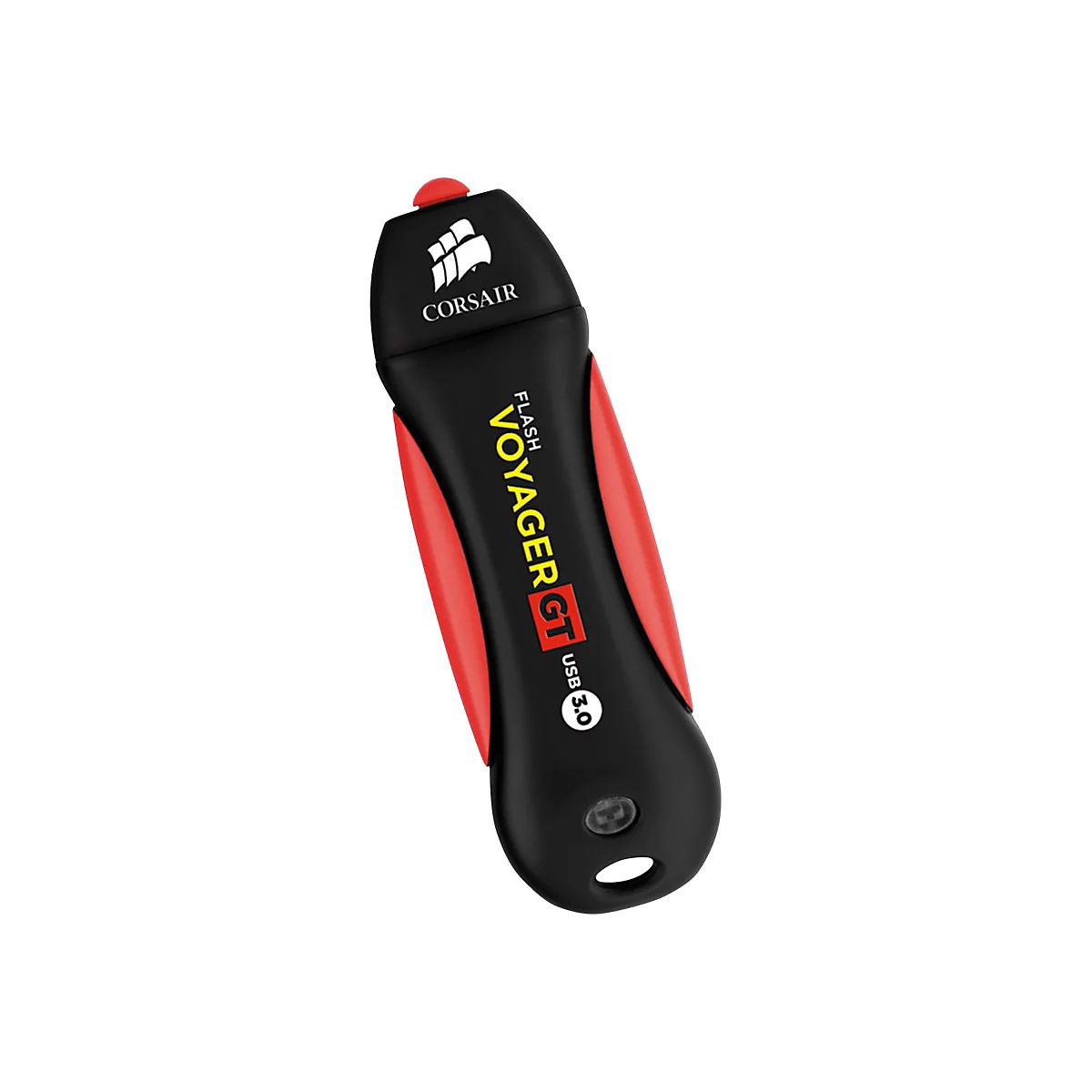 Schwarzer USB-Stick mit roter Akzentfarbe. Schriftzüge: Corsair, Voyager GT USB 3.0.