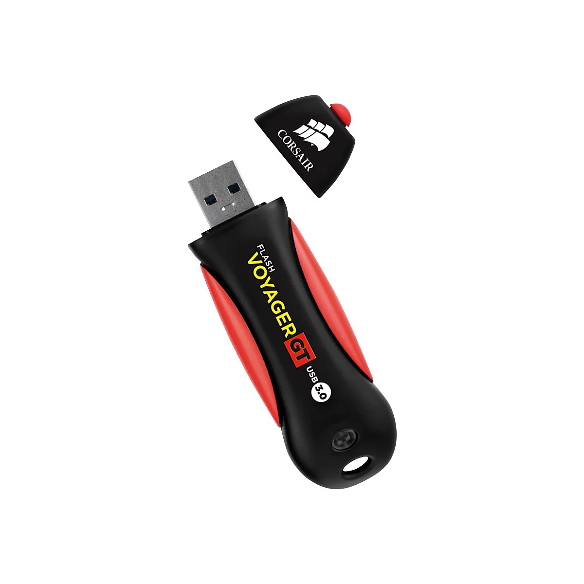 Schwarzer USB-Stick mit roter Akzentuierung. Aufschrift 'Voyager GT USB 3.0'. Der Deckel ist abgenommen.