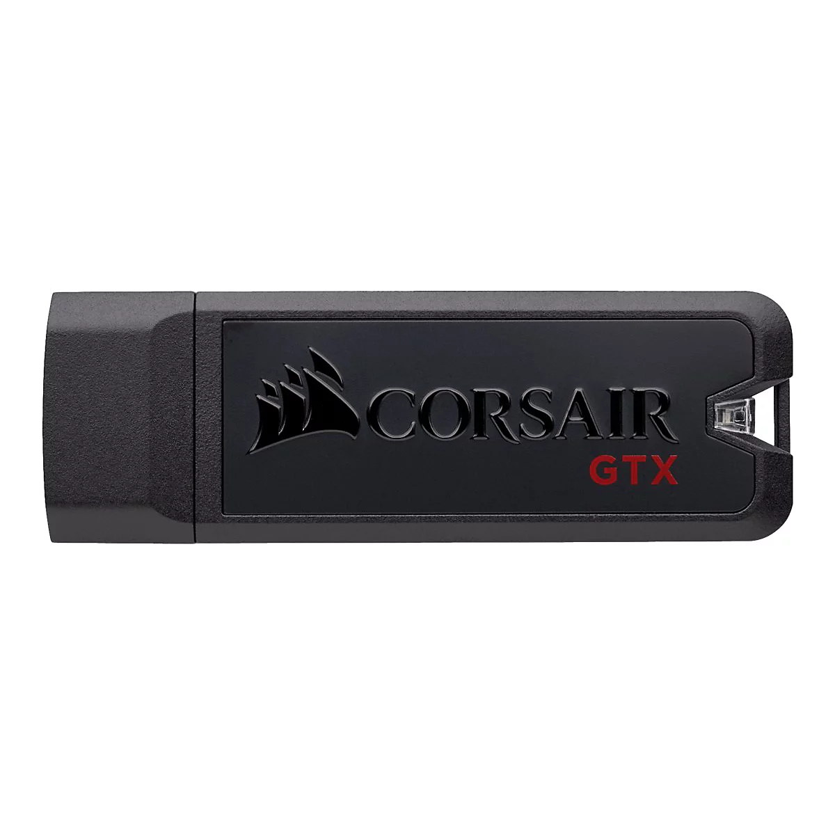 Schwarzer Corsair GTX USB-Stick vor weißem Hintergrund mit Firmenlogo und Schriftzug.