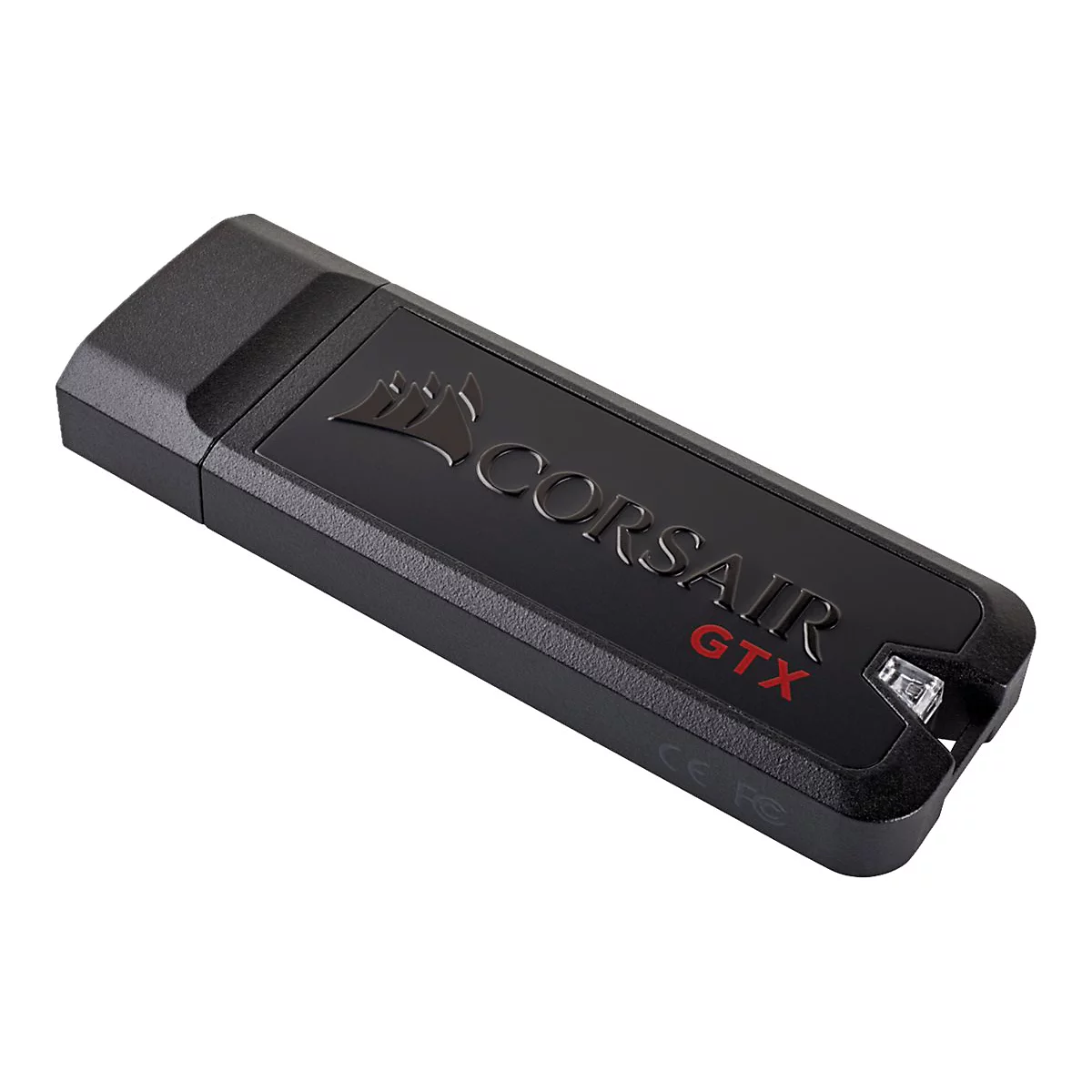 Schwarzer Corsair GTX USB-Stick mit Logo und roter Schrift auf weißem Hintergrund.