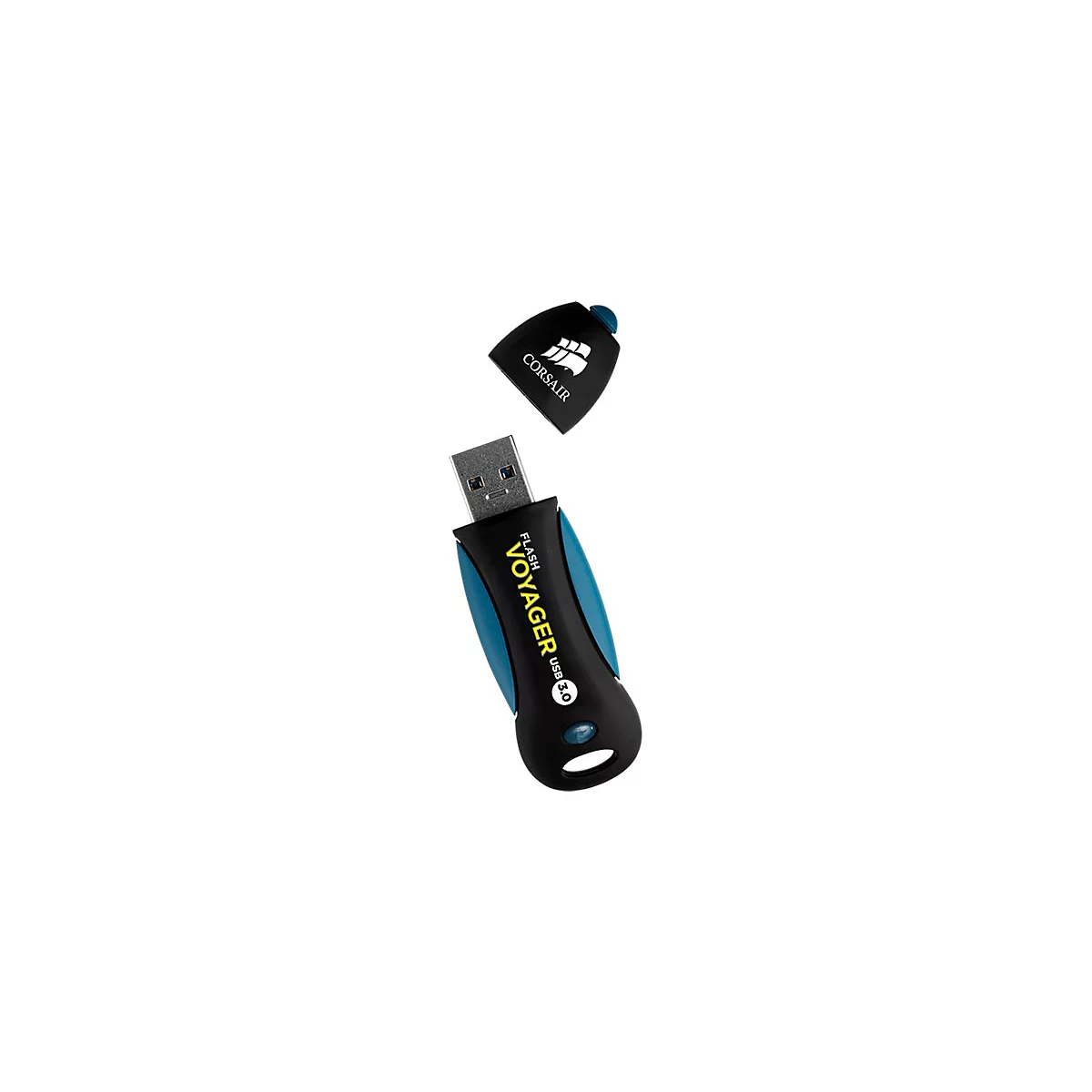 Schwarzer USB-Stick mit blauen Akzenten und abgenommener Kappe. Der Text Voyager USB 3.0 ist sichtbar.