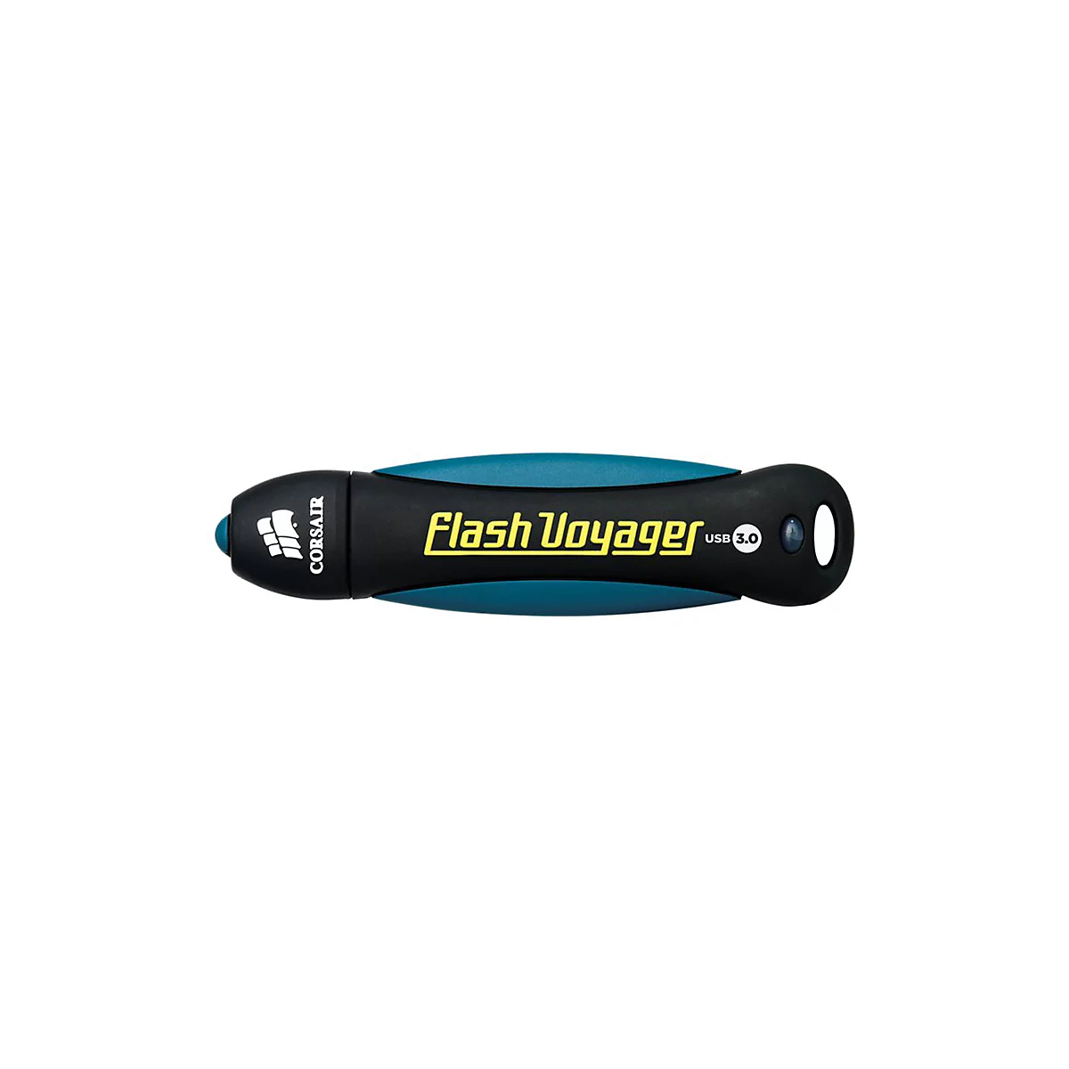 Schwarzer USB-Stick mit blauen und gelben Akzenten. Aufschrift: Flash Voyager USB 3.0.