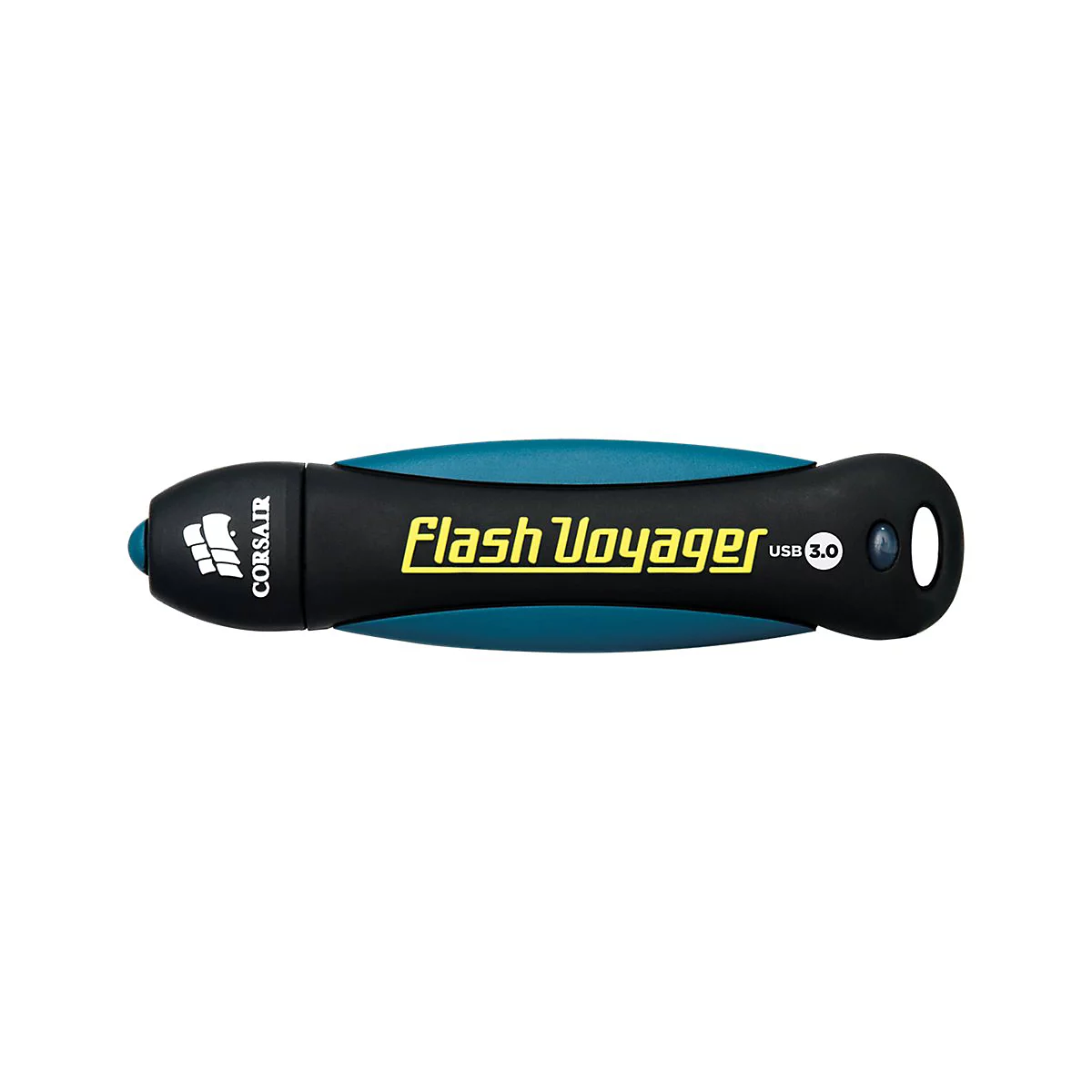 Ein schwarzer USB-Stick mit blau und gelben Akzenten, mit "Flash Voyager USB 3.0" beschriftet. Auf der einen Seite das Logo von Corsair.
