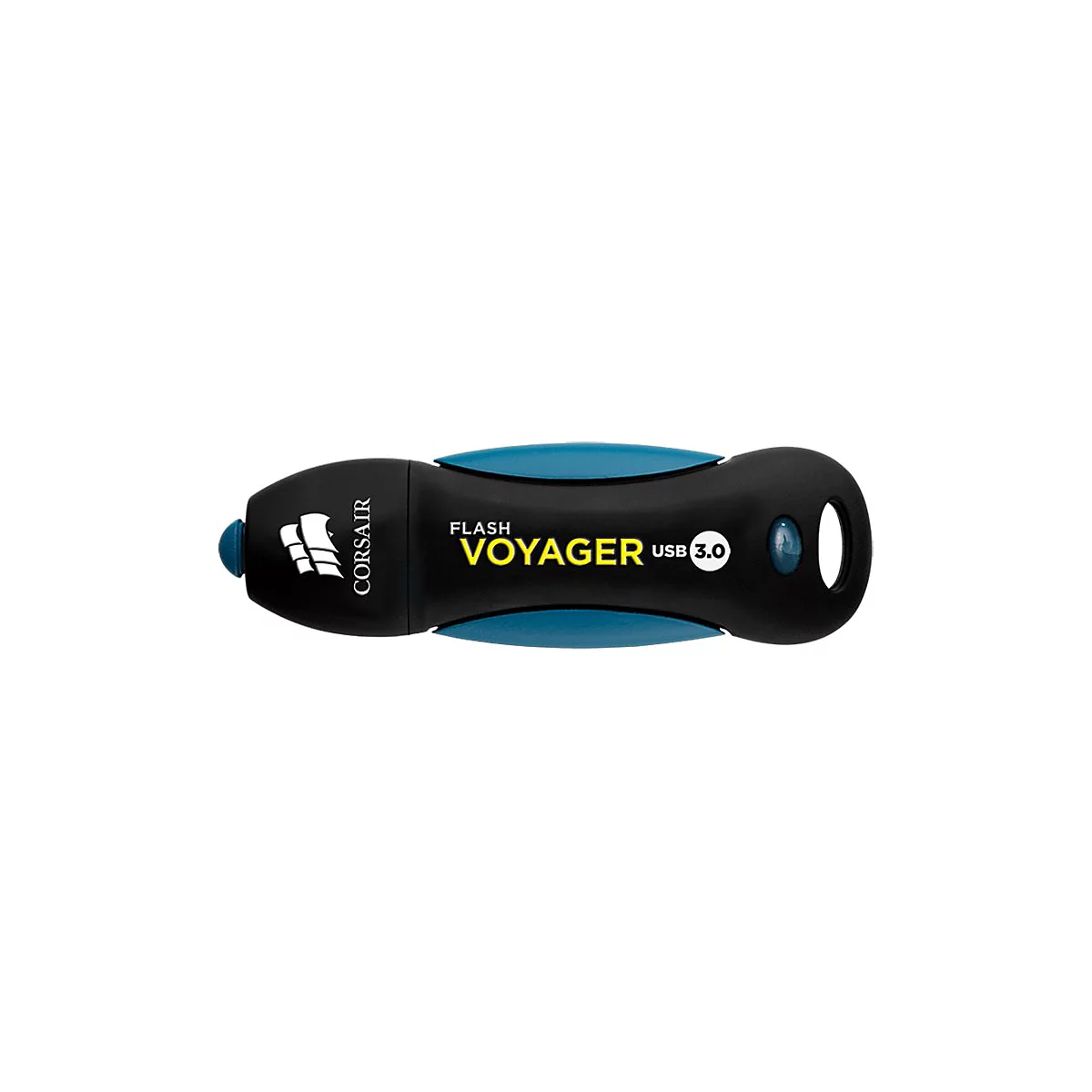 Schwarzer USB-Stick mit blauem Akzent, „Flash Voyager USB 3.0“ steht drauf.