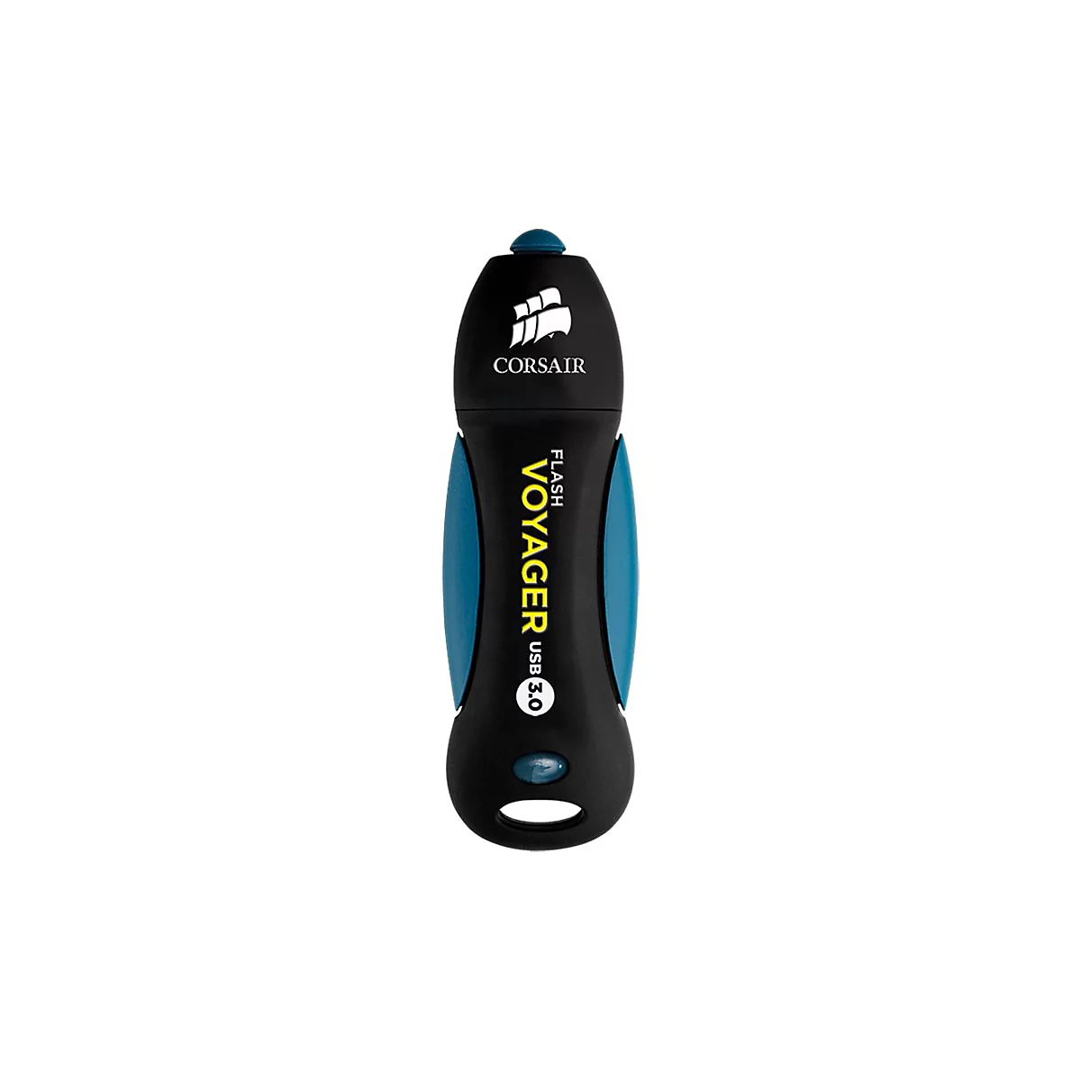 Ein schwarzer USB-Stick mit blauen Akzenten, Markenname Corsair und Produktname Voyager.