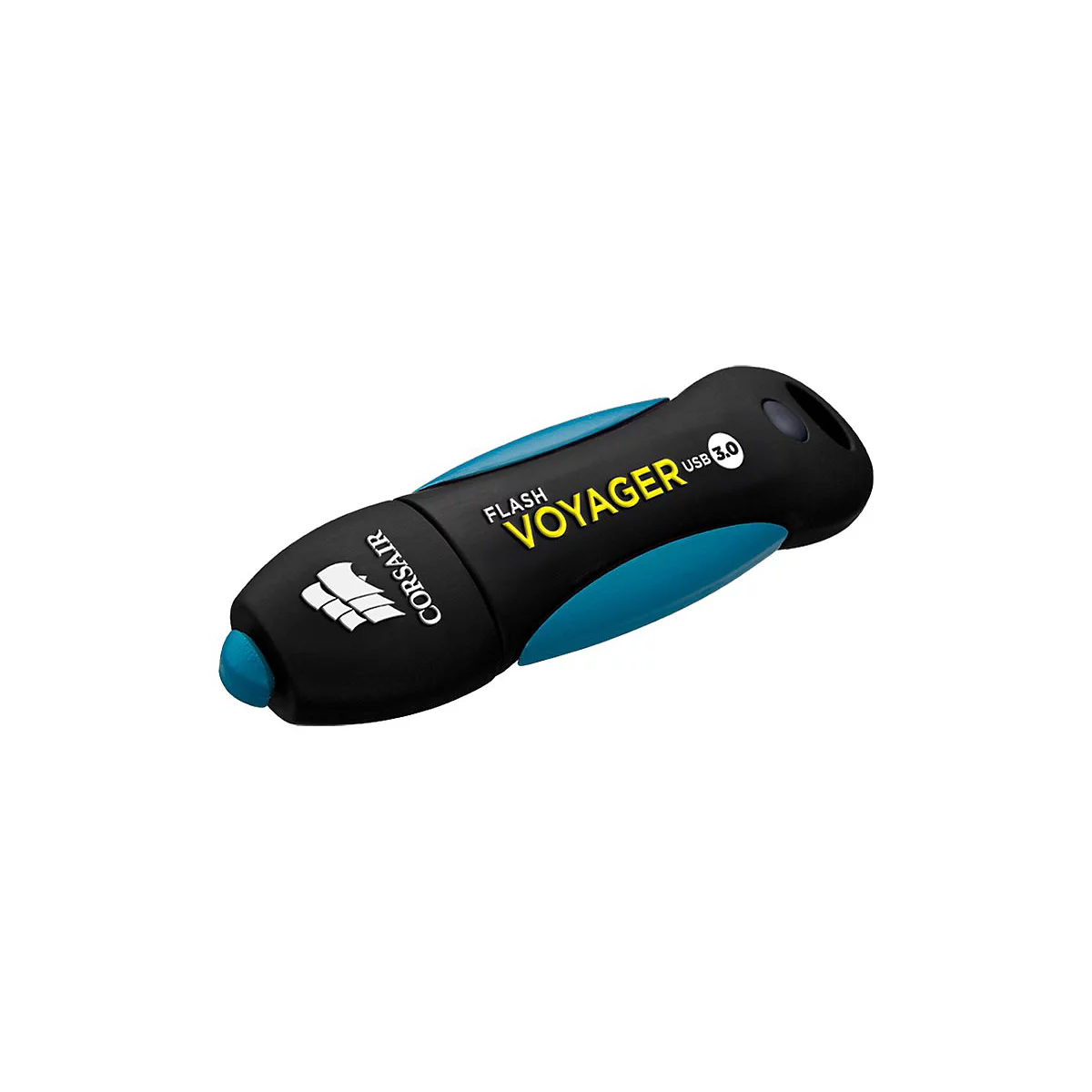 Schwarzer USB-Stick mit blauen Akzenten, Schriftzug "Voyager USB 3.0" und Corsair Logo.