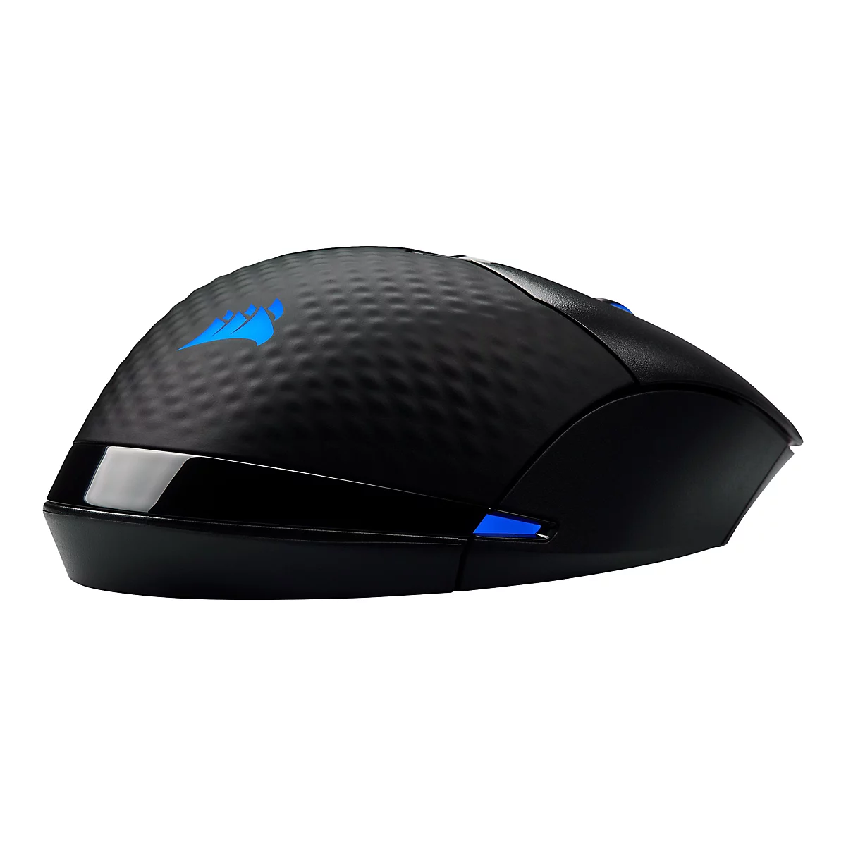 Schwarze Computermaus mit blauem Logo und Akzenten.