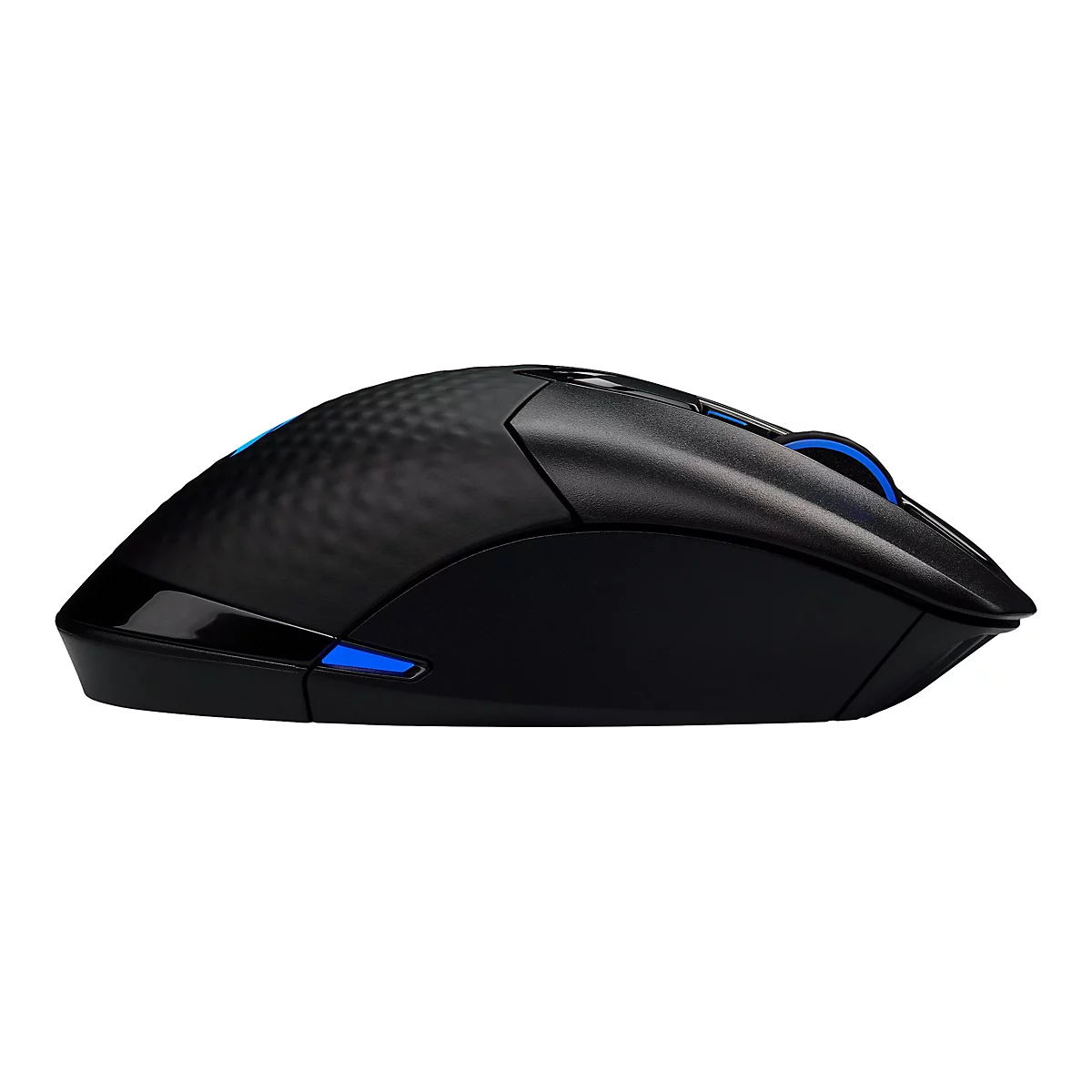 Schwarze, ergonomische Maus mit blauen Akzenten, die von der Seite vor weißem Hintergrund abgebildet ist.