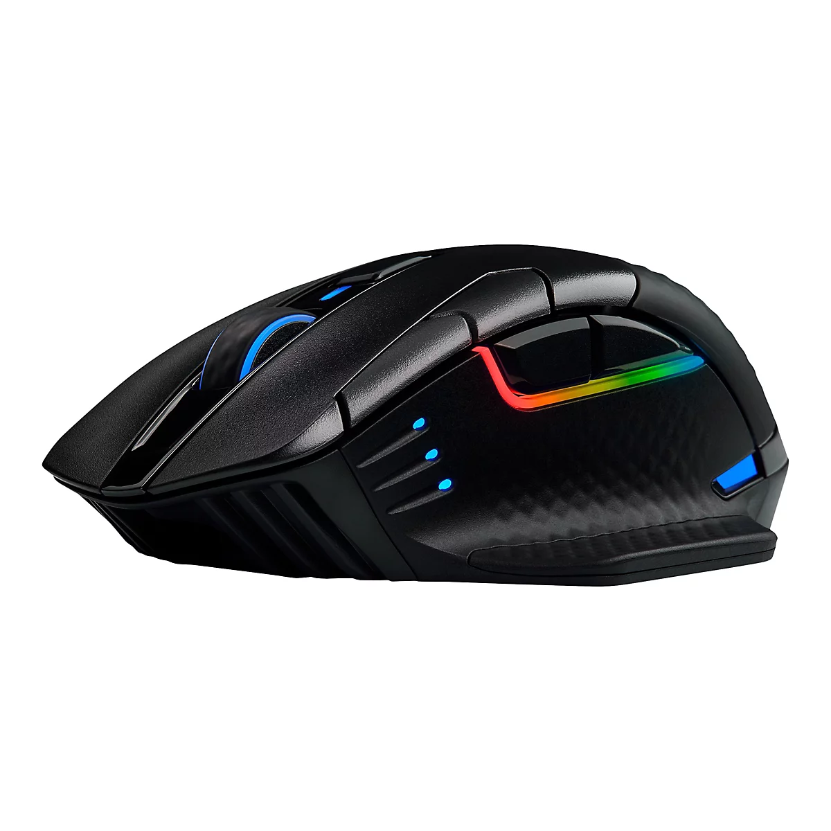 Schwarze Gaming-Maus mit blauen und farbigen LED-Lichtern. Sie hat eine ergonomische Form und sichtbare Tasten.