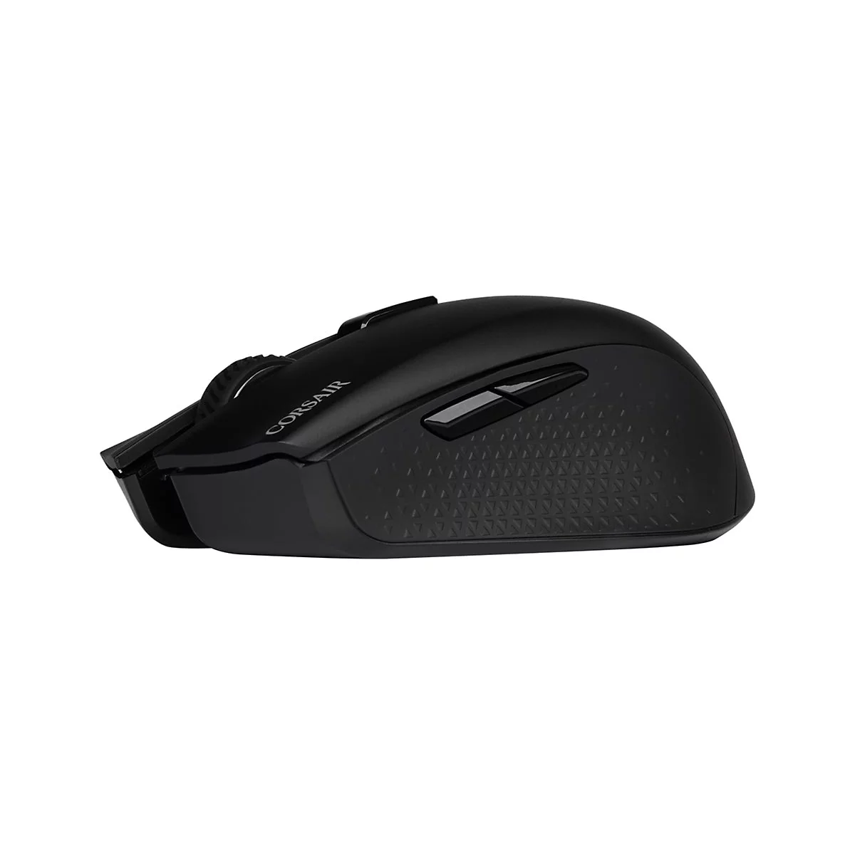 Schwarze Corsair-Gaming-Maus mit strukturierten Seiten und zwei zusÃ¤tzlichen KnÃ¶pfen.