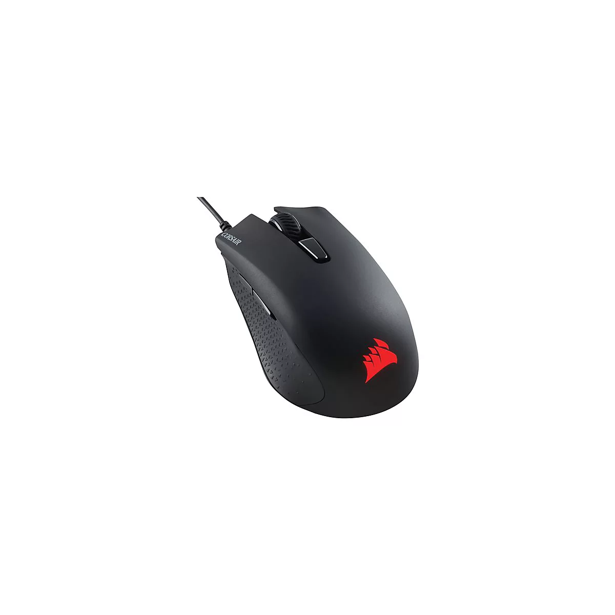 Schwarze Computermaus mit rotem Logo, Kabel und mehreren Tasten. Der Schriftzug 'Corsair' ist auf der Oberseite.
