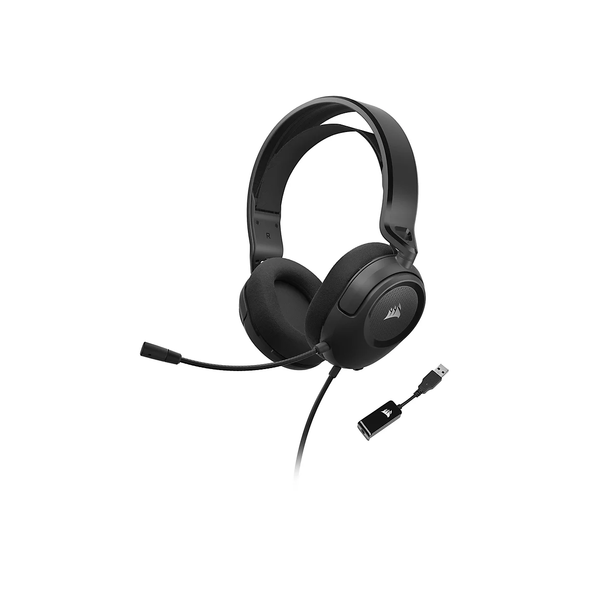 Schwarzes Corsair Gaming-Headset mit Bügelmikrofon und USB-Adapter vor weißem Hintergrund.