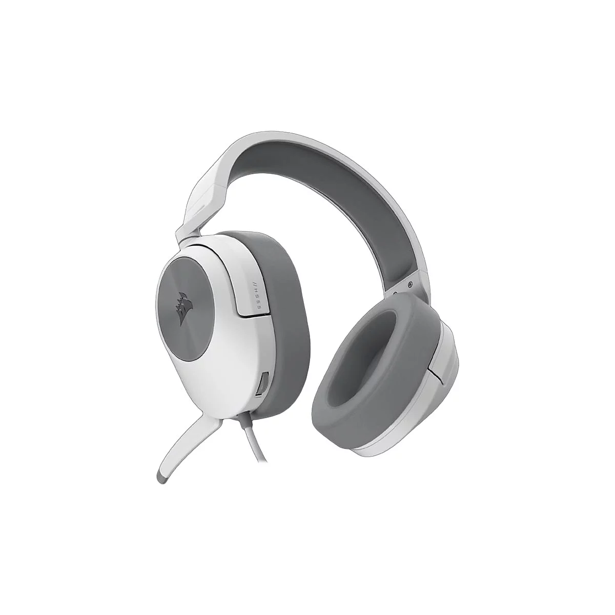 Weiß-graues Headset. Seitlich ist das Corsair Logo zu sehen, daneben steht // HS65.