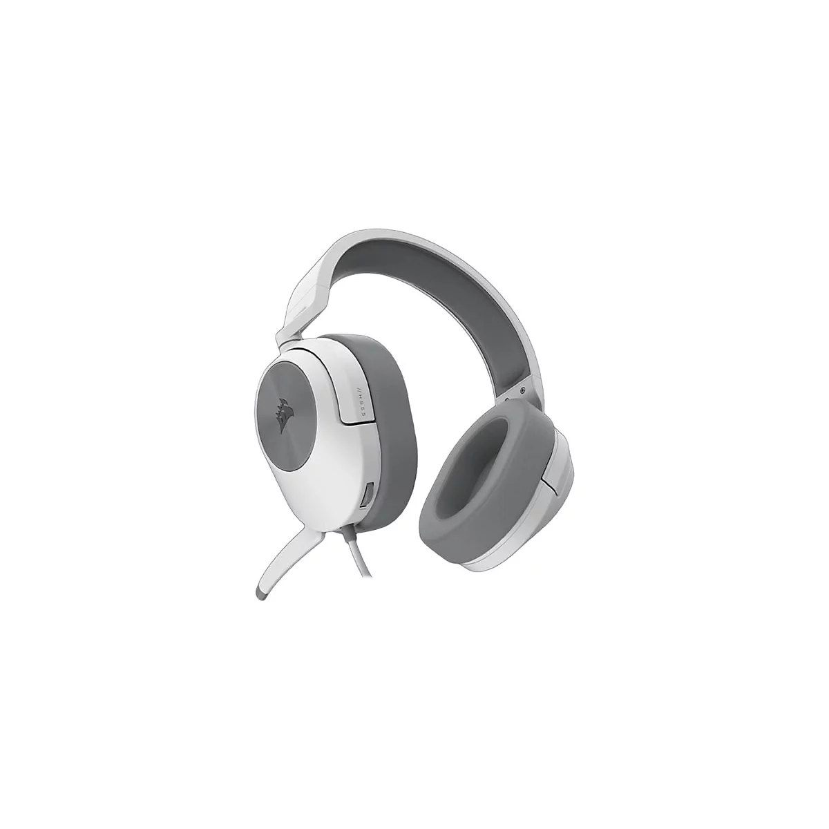 Ein weiÃŸ-graues Headset. Das GerÃ¤t hat einen verstellbaren BÃ¼gel und Ohrmuscheln.