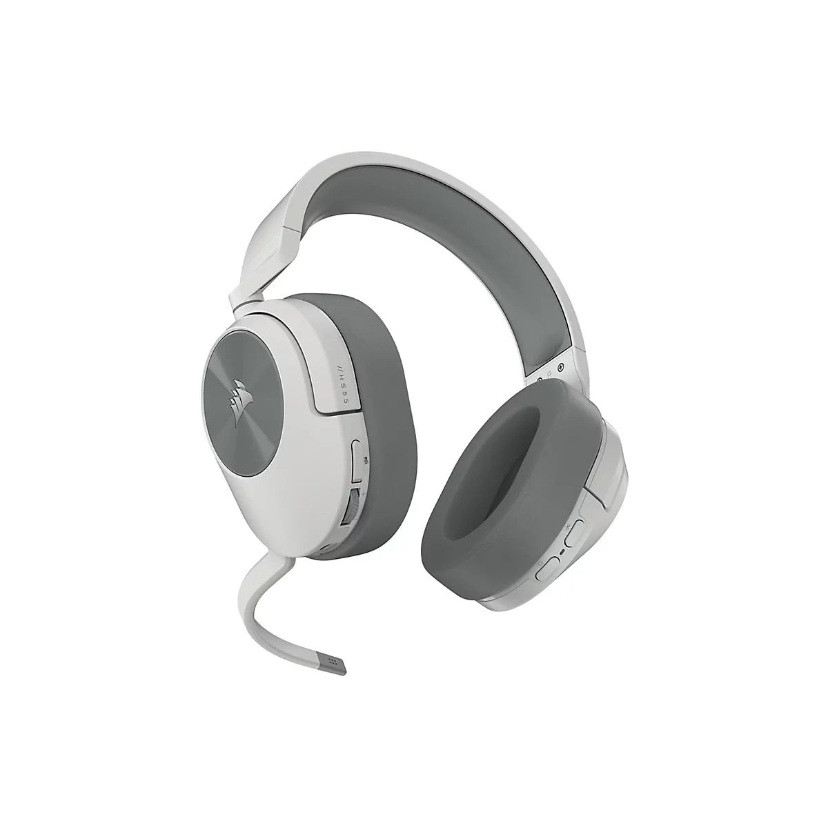 Hellgrauer Kopfhörer mit weißem Bügel, grauem Ohrpolster und Corsair-Logo.