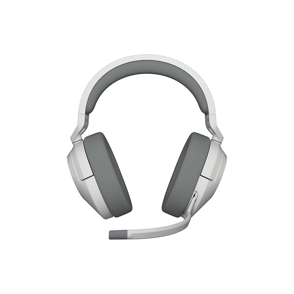 Hellgrauer Kopfhörer mit grauen Ohrmuscheln und Mikrofon, vor weißem Hintergrund.