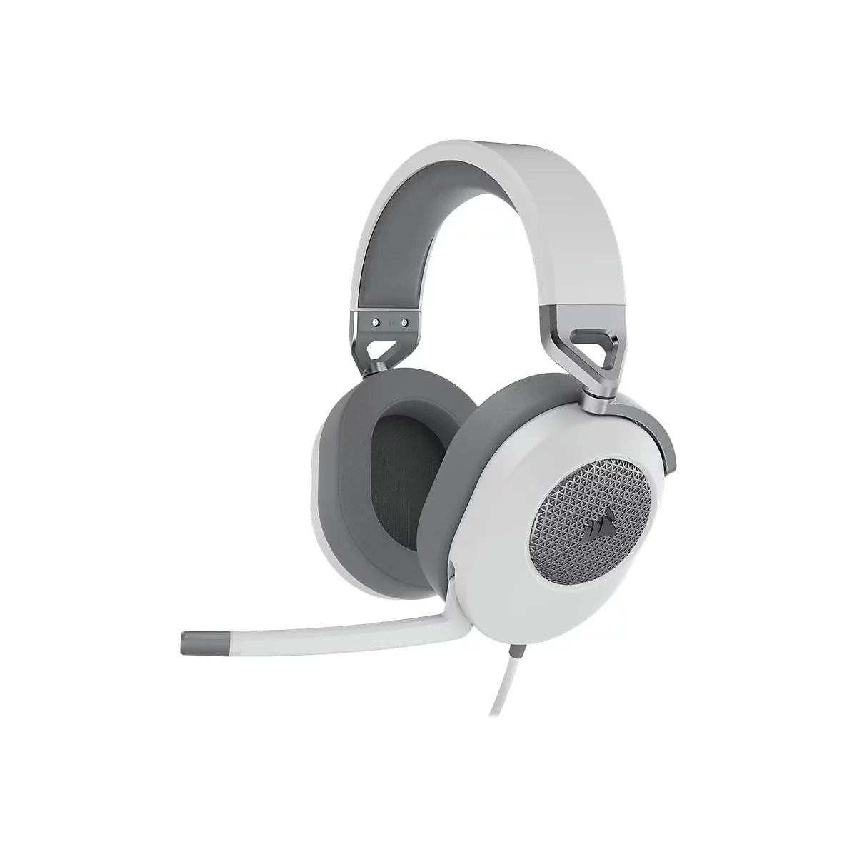 Weiß-graues Gaming-Headset, Mikrofon, Kabel. Auf weißem Hintergrund. Mit Logo auf dem Ohr.