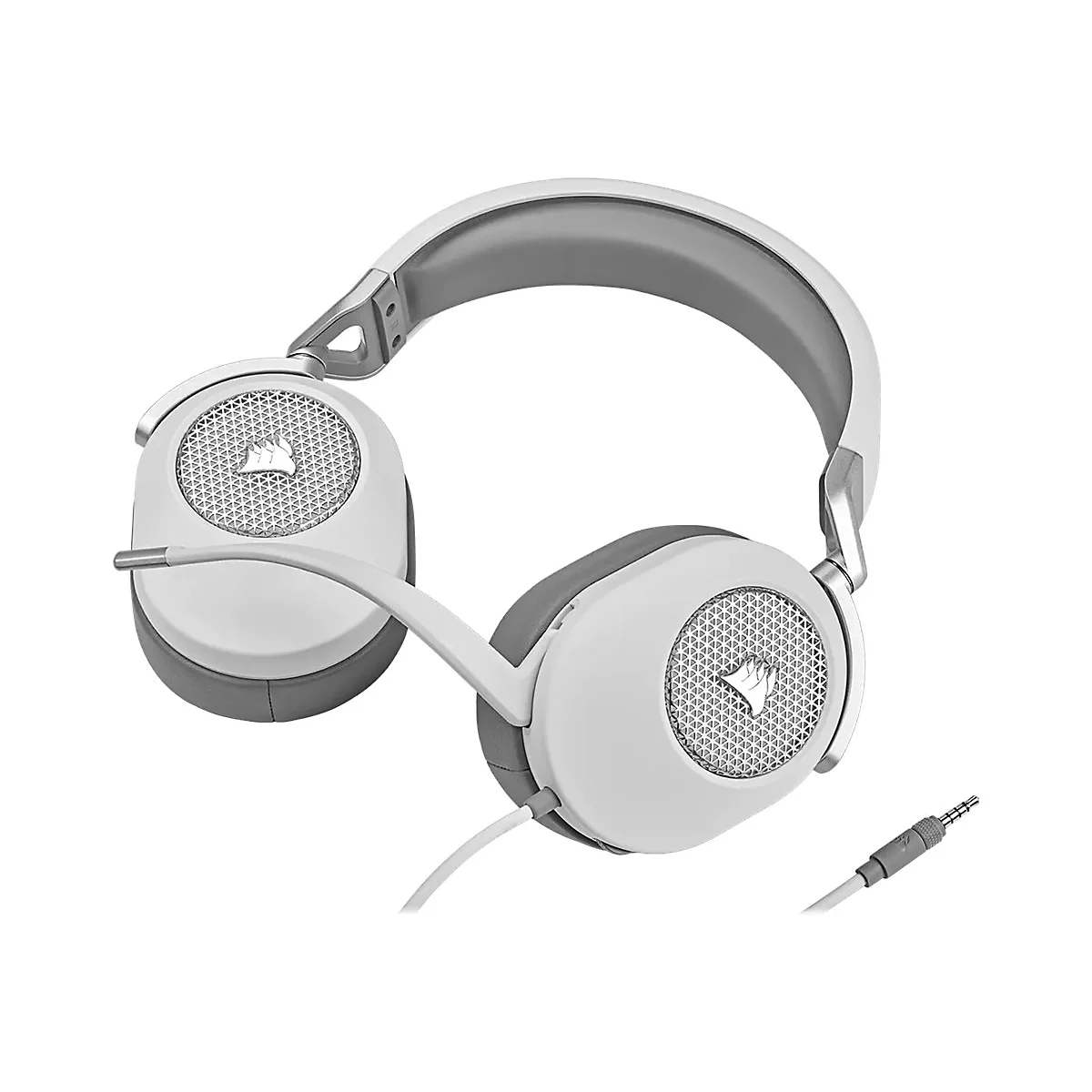 Weißes Headset mit grauem Bügel und Ohrmuscheln. An den Ohrmuscheln ist das Corsair-Logo zu sehen. Kabel und Klinkenstecker.