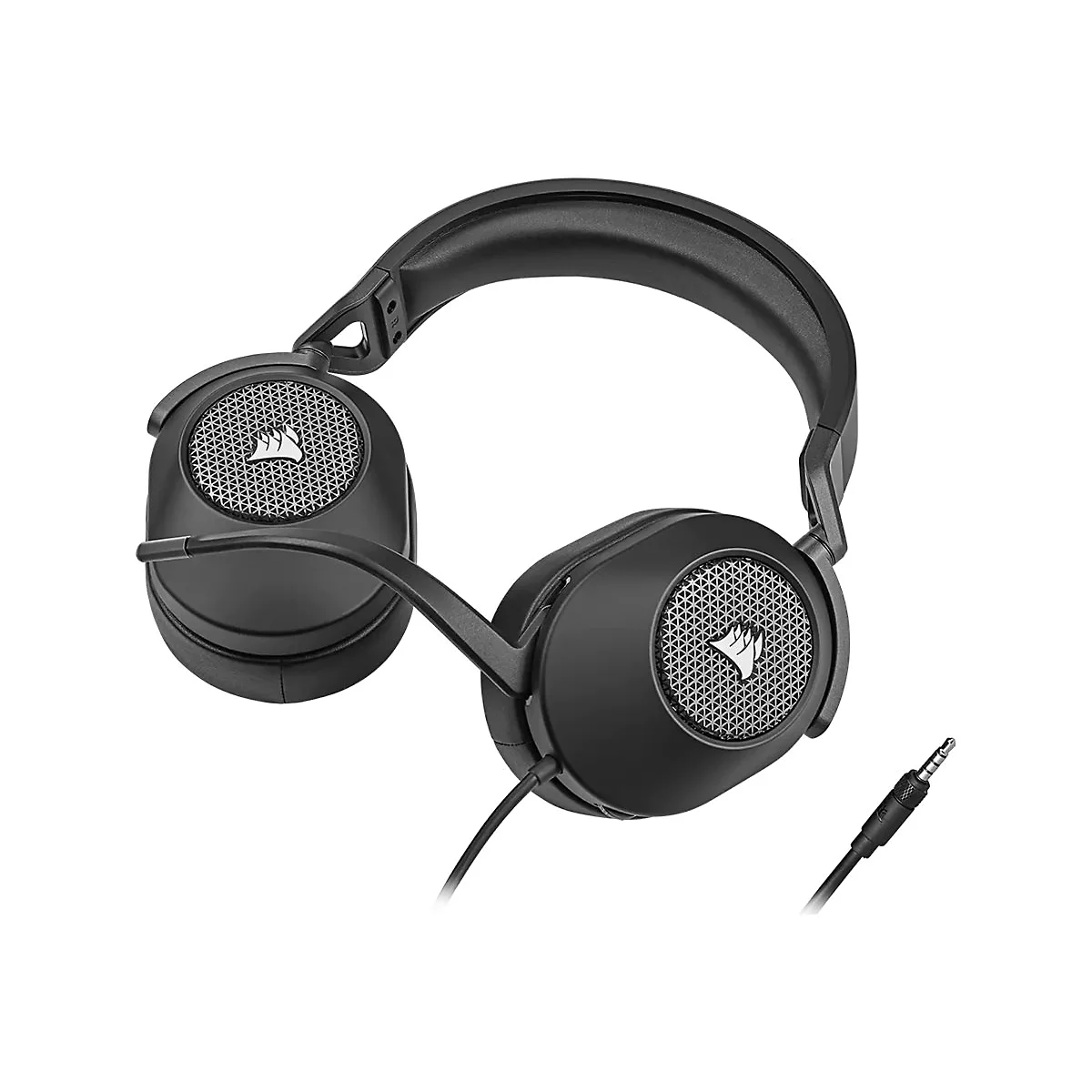 Schwarzes Gaming-Headset mit Corsair-Logo auf den Ohrmuscheln und angeschlossenem Kabel mit Klinkenstecker.