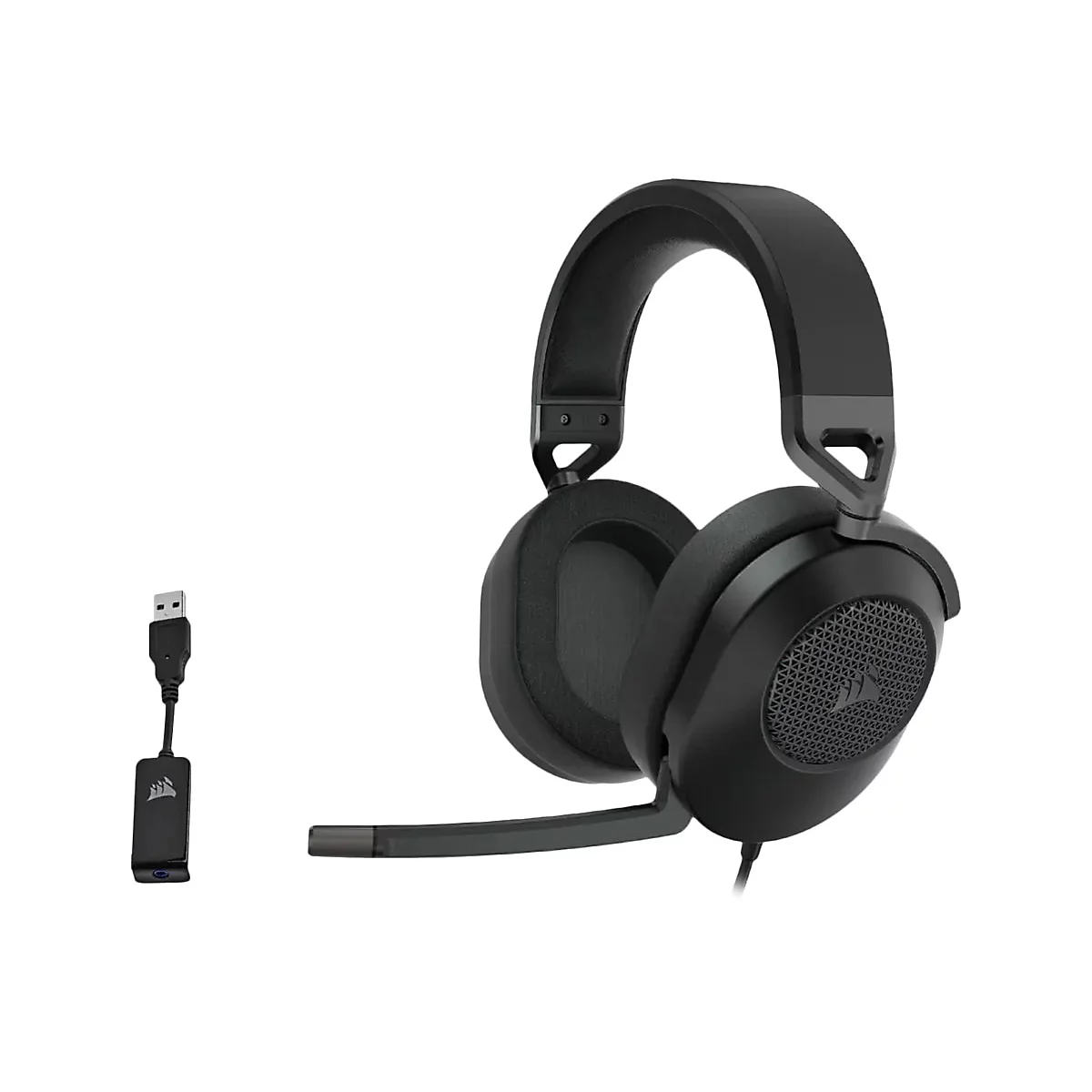 Schwarzes Corsair Gaming-Headset mit Bügelmikrofon und USB-Adapter auf weißem Hintergrund.