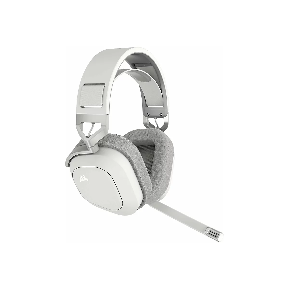 Weißes Gaming-Headset, grau gepolsterte Ohrmuscheln und verstellbarer Bügel. Am rechten Hörer befindet sich ein ausziehbares Mikrofon.