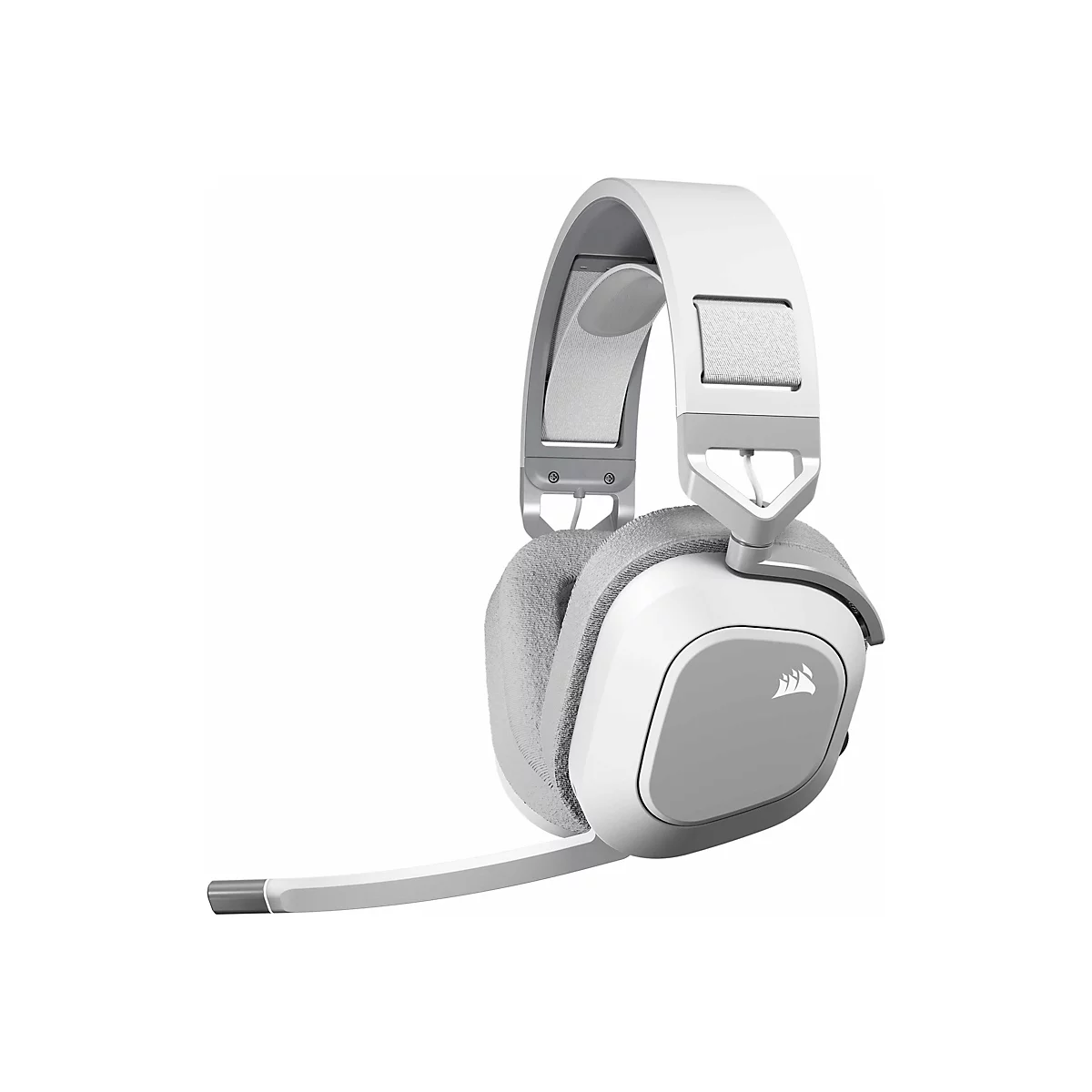 Weißes Gaming-Headset mit grauem Mikrofon und Ohrpolstern, das freigestellt vor weißem Hintergrund dargestellt wird.