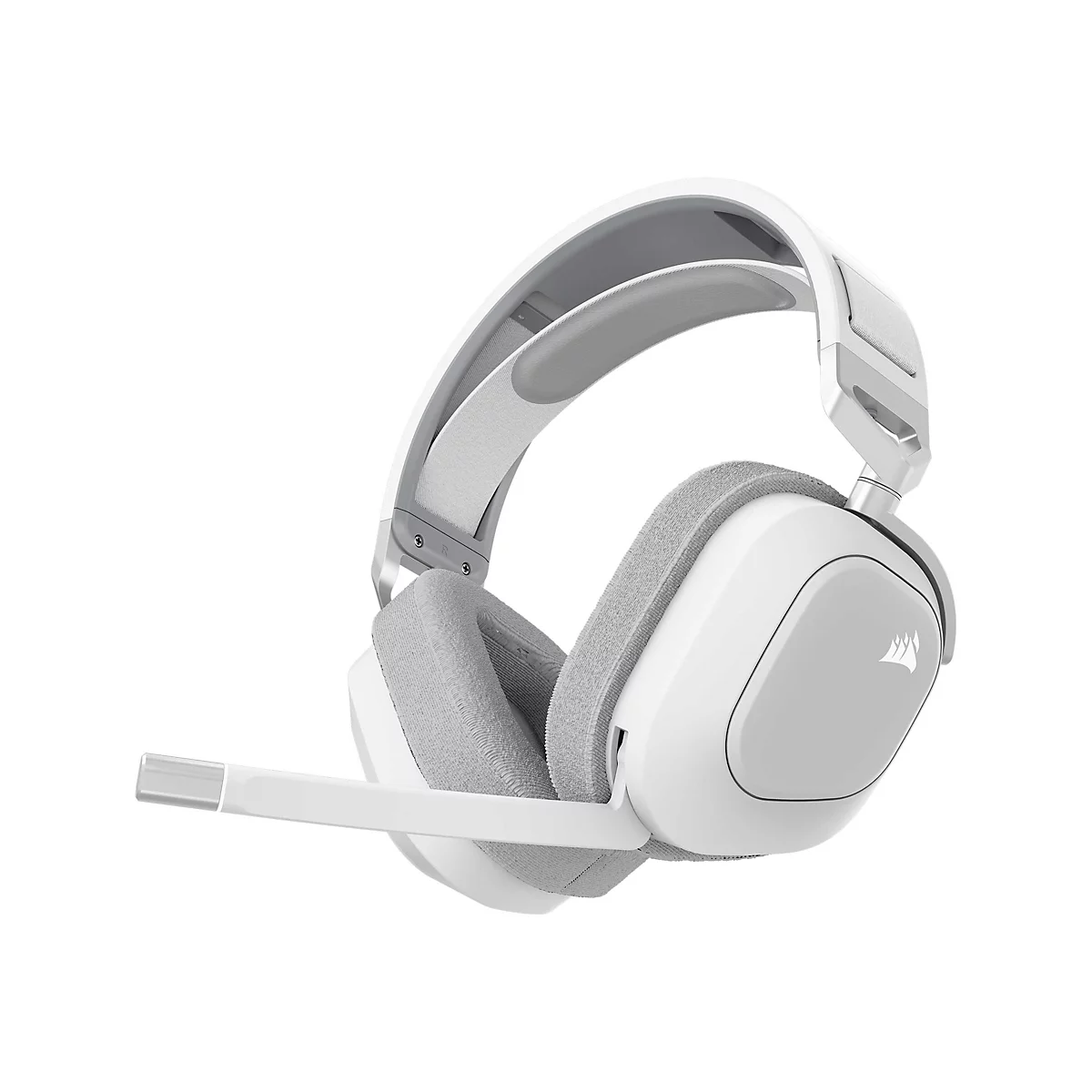 Weißes Gaming-Headset mit grauem Mikrofon und Ohrpolstern, isoliert auf weißem Hintergrund. Das Headset hat das Corsair-Logo.