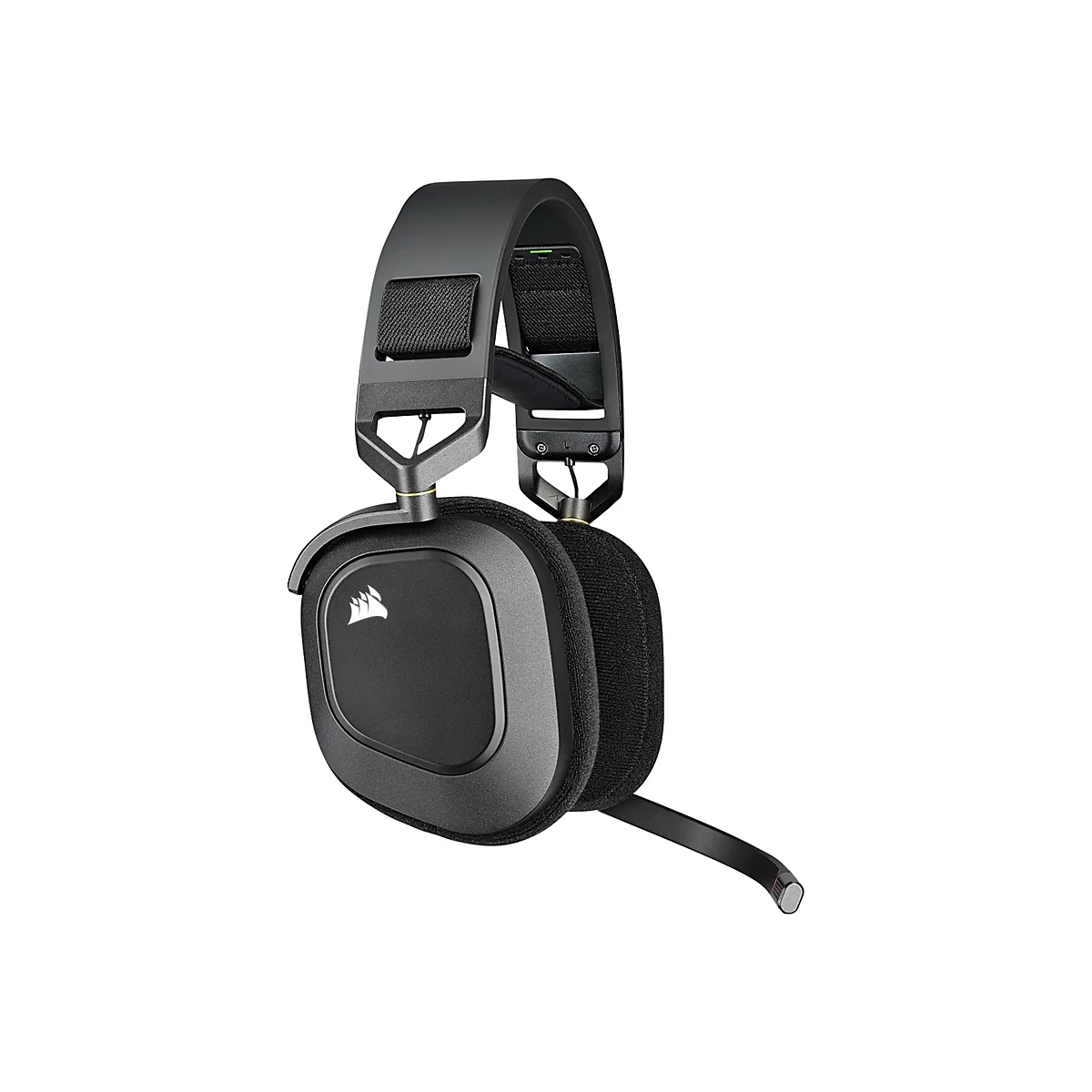 Schwarzes Corsair Gaming-Headset mit gepolstertem Bügel und Mikrofonarm vor weißem Hintergrund.