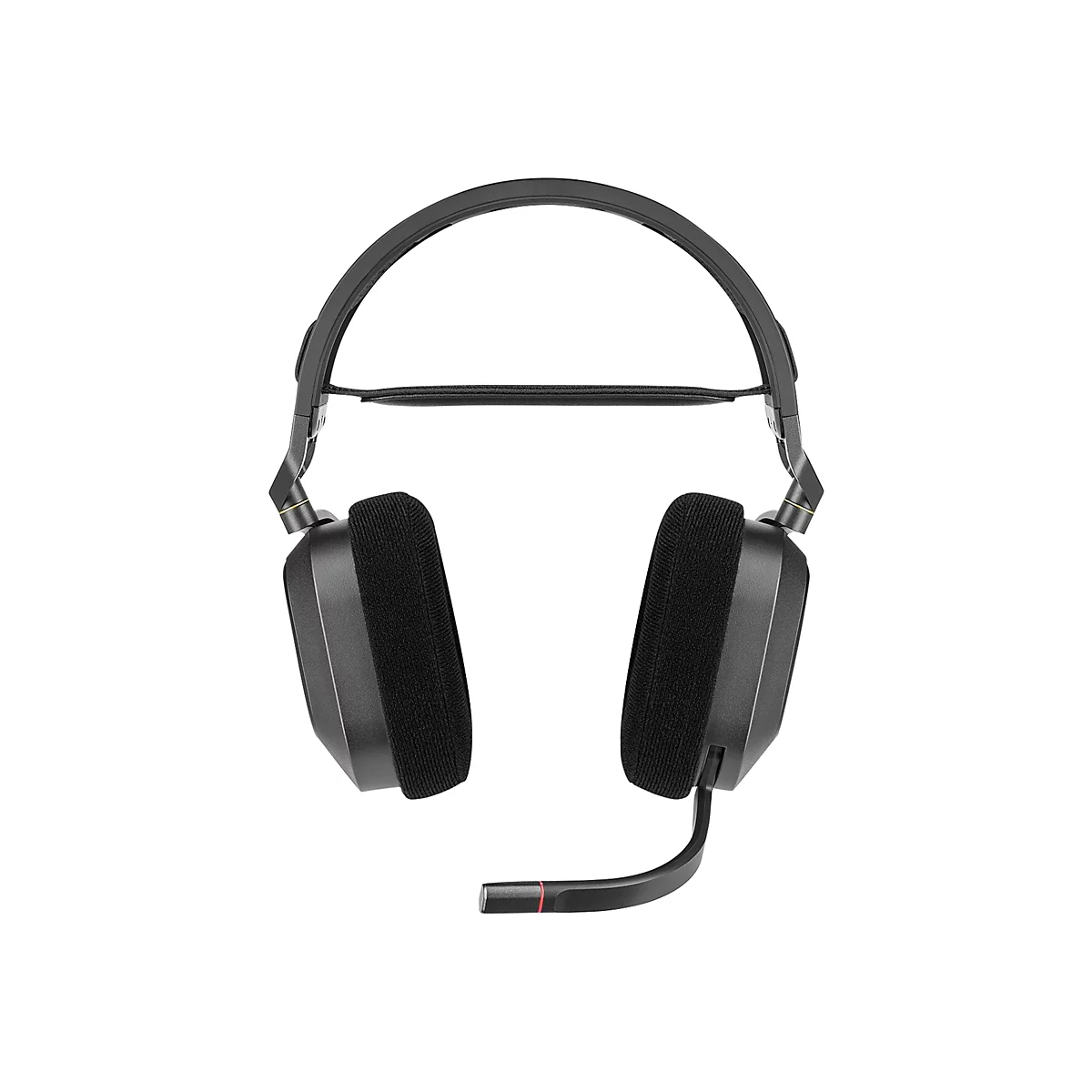 Schwarzes Gaming-Headset mit gepolstertem Bügel, weichen Ohrpolstern und schwenkbarem Mikrofon vor weißem Hintergrund.