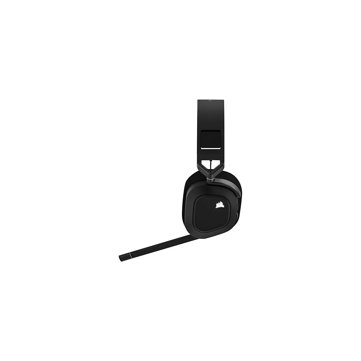 Schwarzes Corsair Gaming-Headset mit eckigen Ohrmuscheln und ausklappbarem Mikrofon vor weißem Hintergrund.