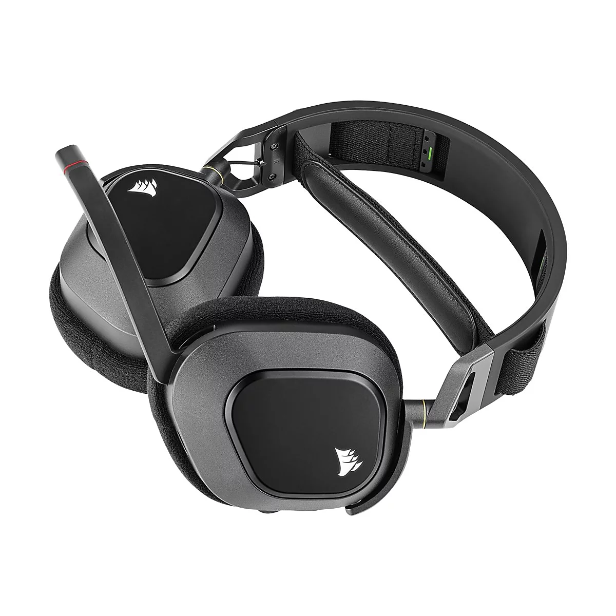 Schwarzes Corsair Gaming-Headset mit Mikrofonarm, Draufsicht vor weißem Hintergrund.
