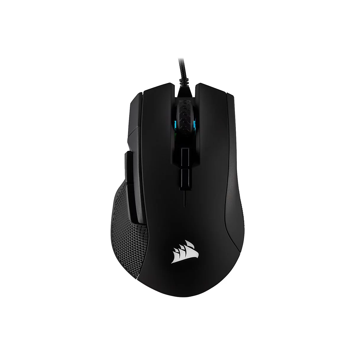 Schwarze Gaming-Maus mit Kabel, Detailansicht. Auf weißem Grund.