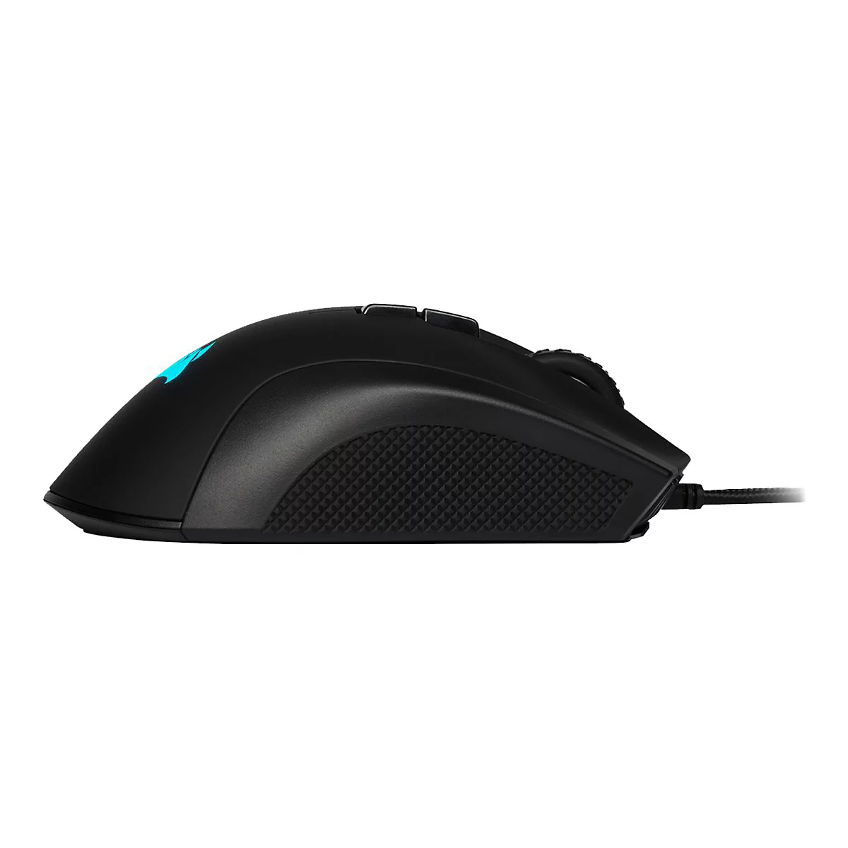 Schwarze Gaming-Maus im Profil. Leuchtendes Logo, geriffelte Seiten, Kabelanschluss.