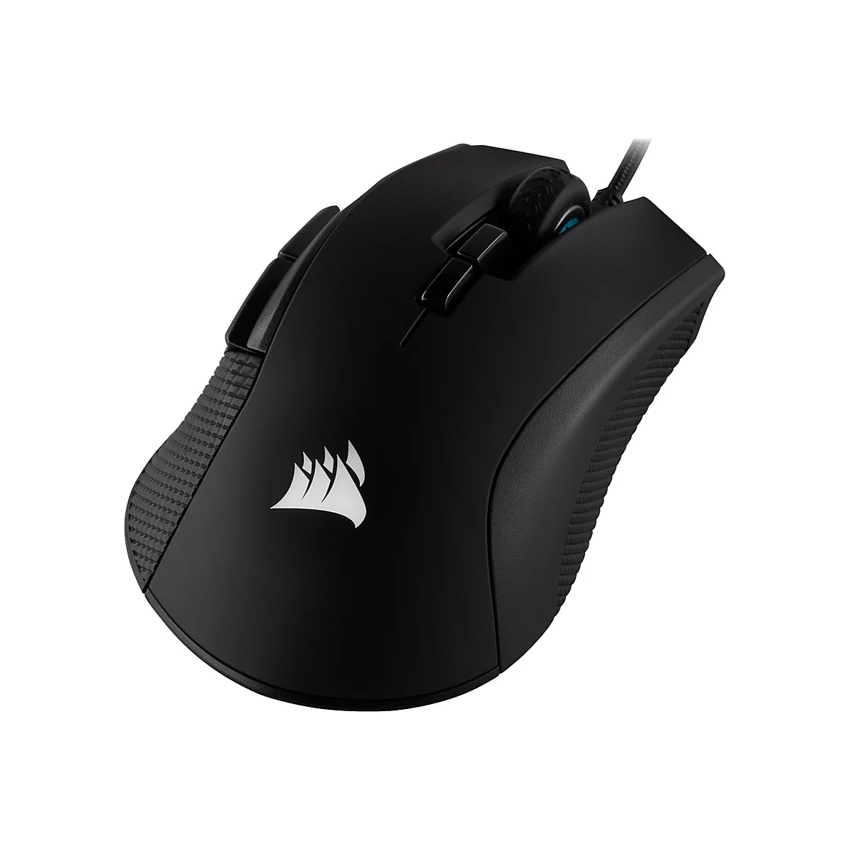 Schwarze Computermaus mit Corsair-Logo. Seitlich geriffelt, zur besseren Griffigkeit. Oben Rollrad und Tasten.