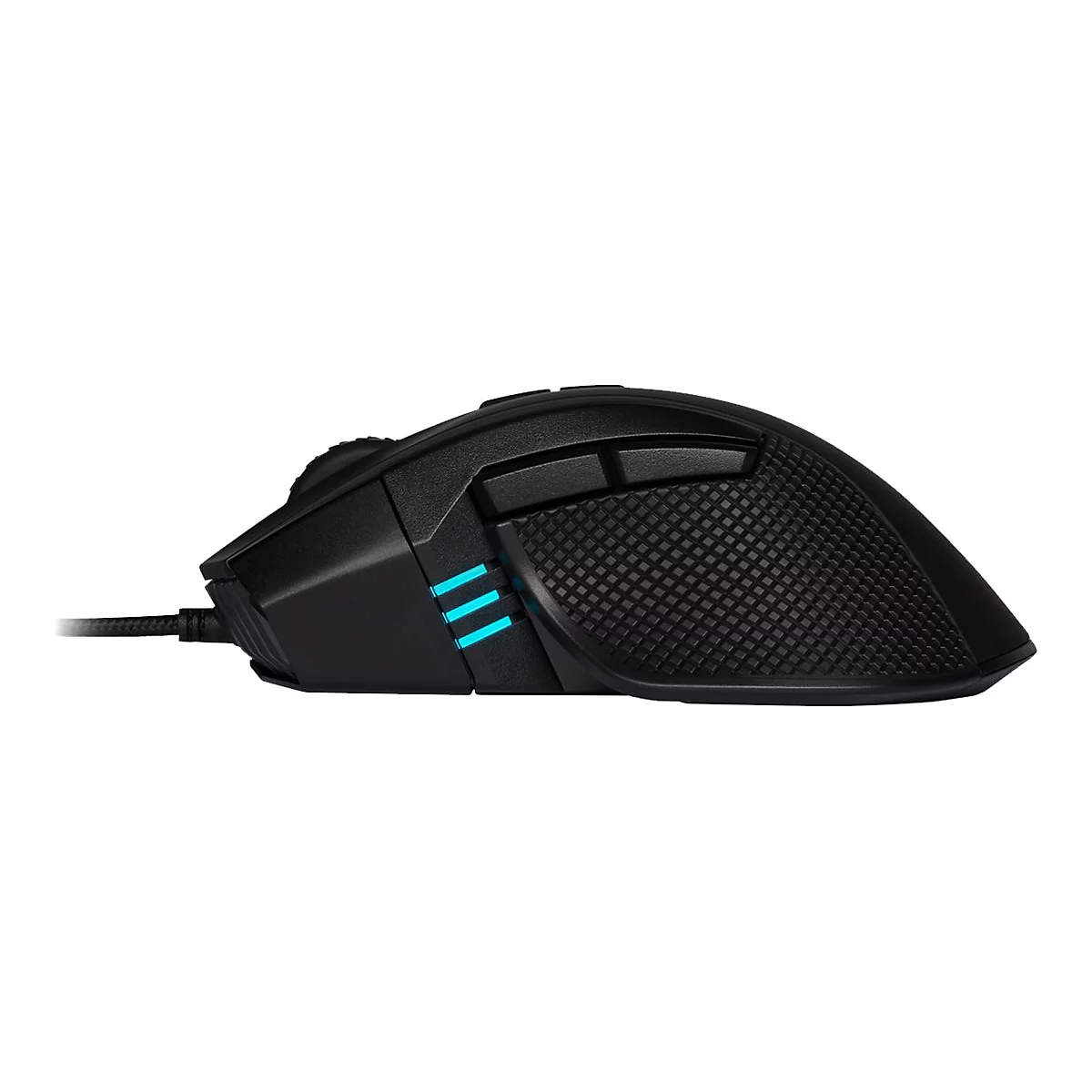 Schwarze Gaming-Maus, Seitenansicht. Drei blaue Leuchtstreifen, geriffelte Seiten und zwei Tasten.